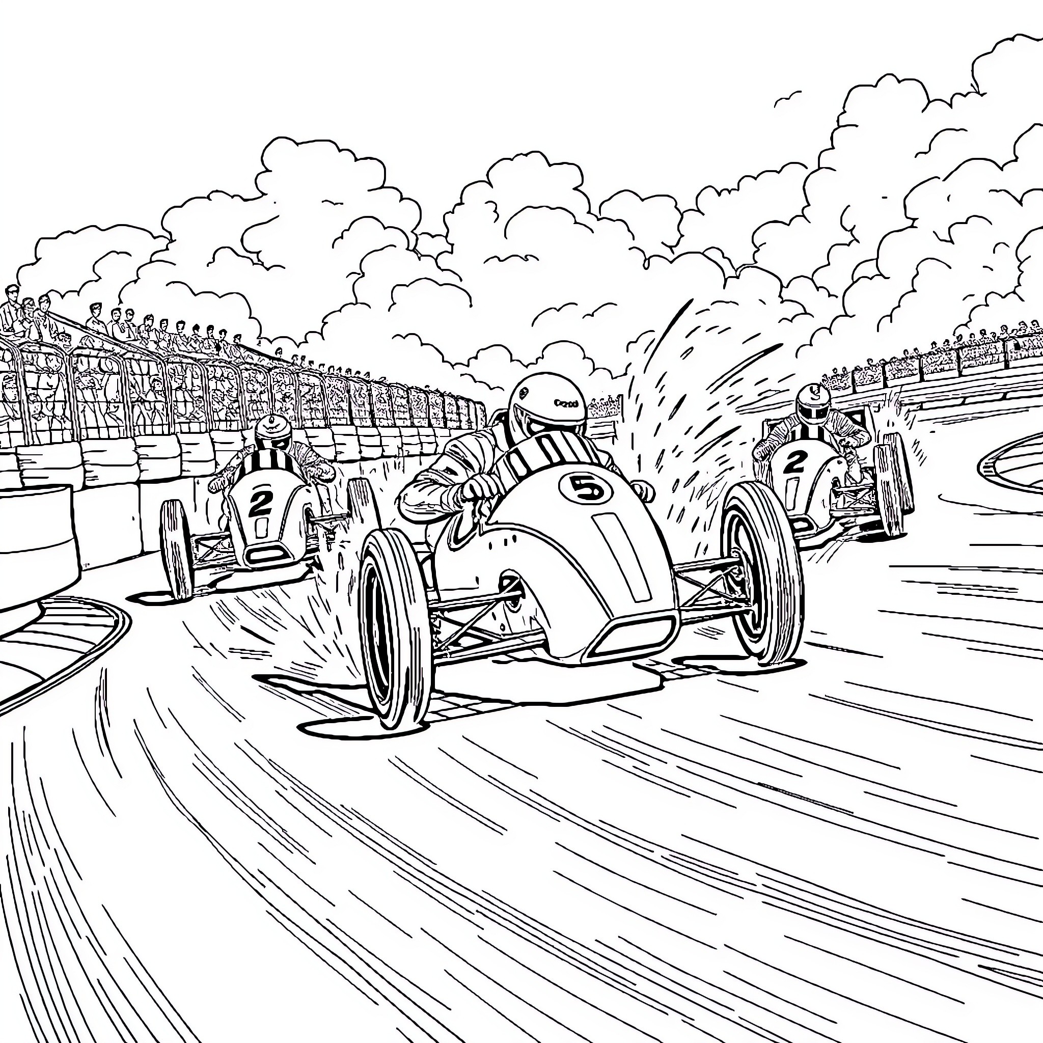 Sidecar racing through the speedway Coloring Page (free black-and-white line drawing printable PDF for all, from beginners to advanced learners, including children, teens, adults, and seniors)