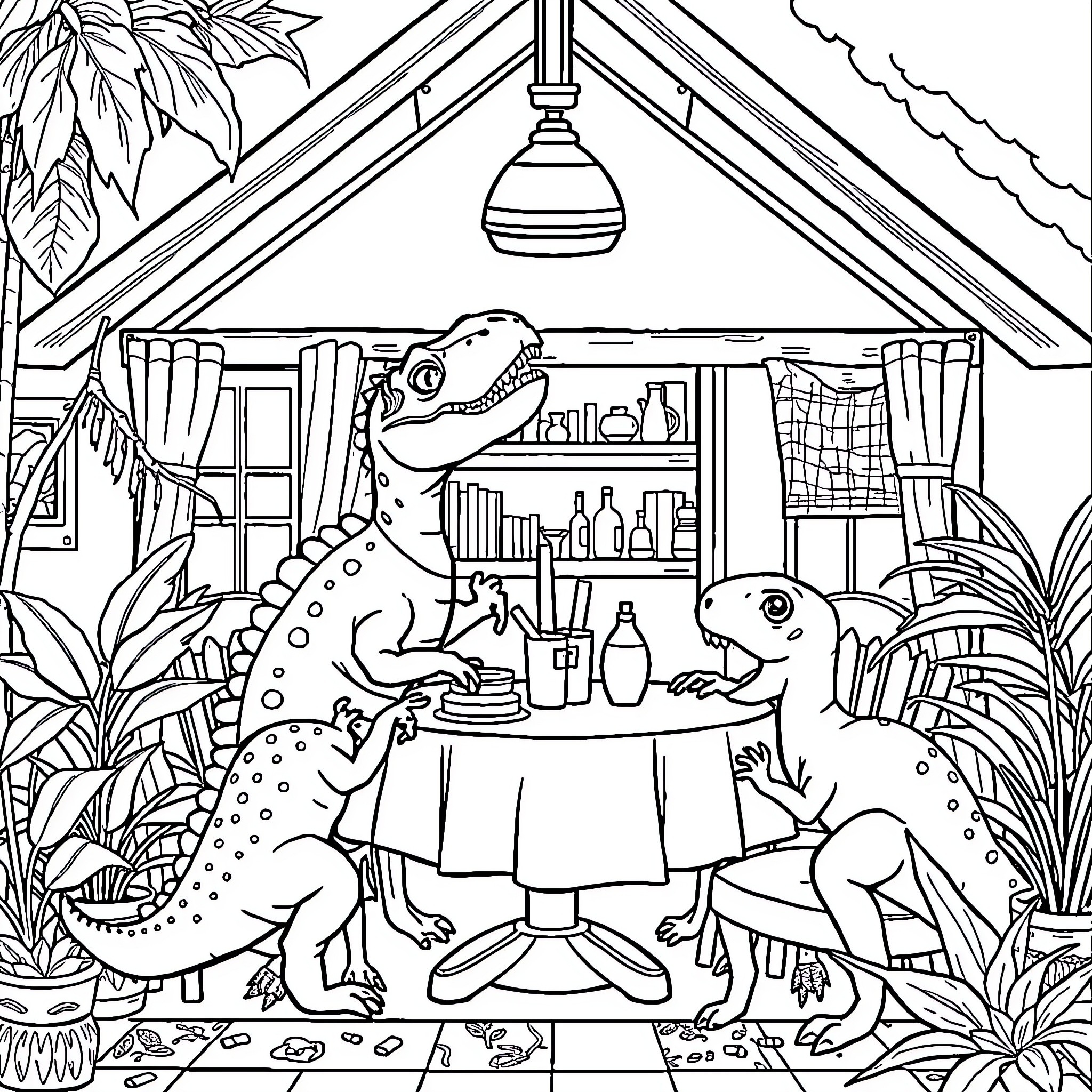 Dinosaurs Dining in a Cozy Cottage Coloring Page (free black-and-white line drawing printable PDF for all, from beginners to advanced learners, including children, teens, adults, and seniors)