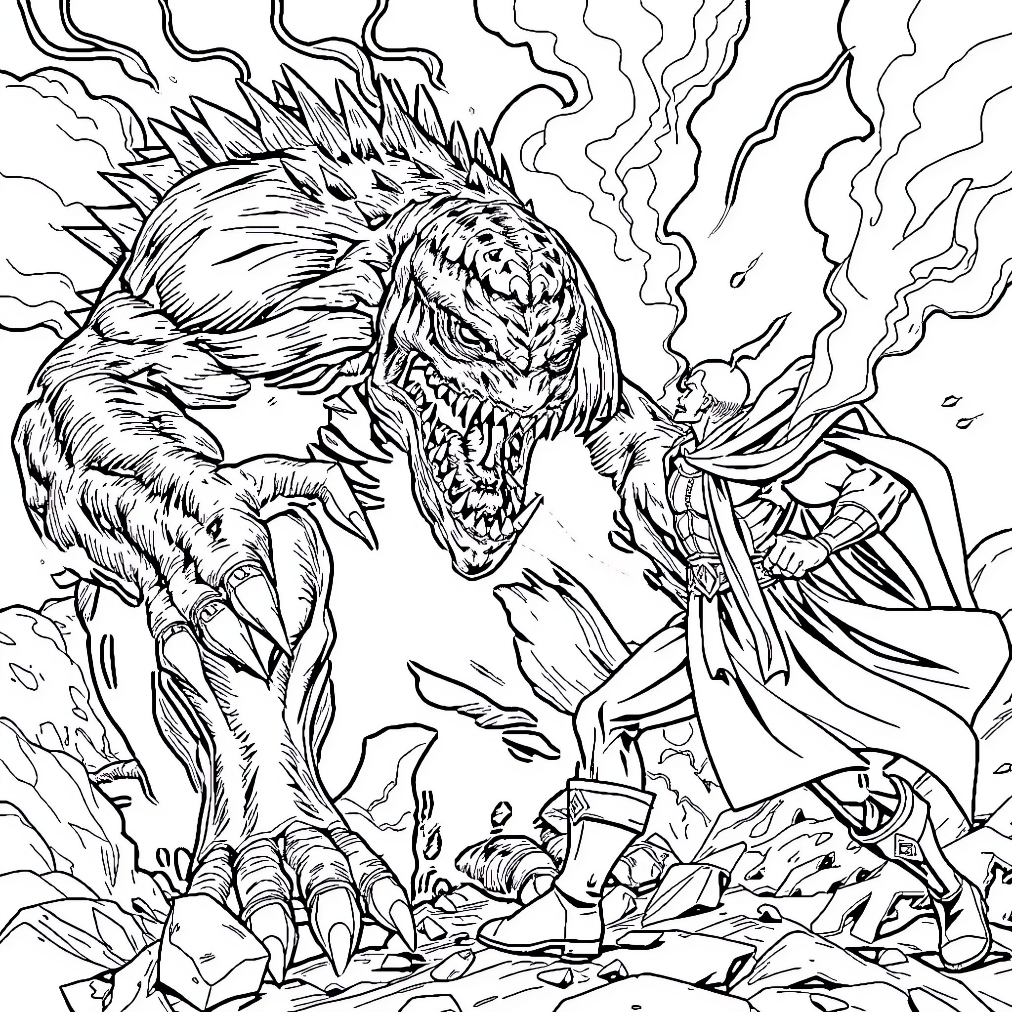 Monster Unleashes Fiery Wrath Upon Hapless Victim Coloring Page (free black-and-white line drawing printable PDF for all, from beginners to advanced learners, including children, teens, adults, and seniors)