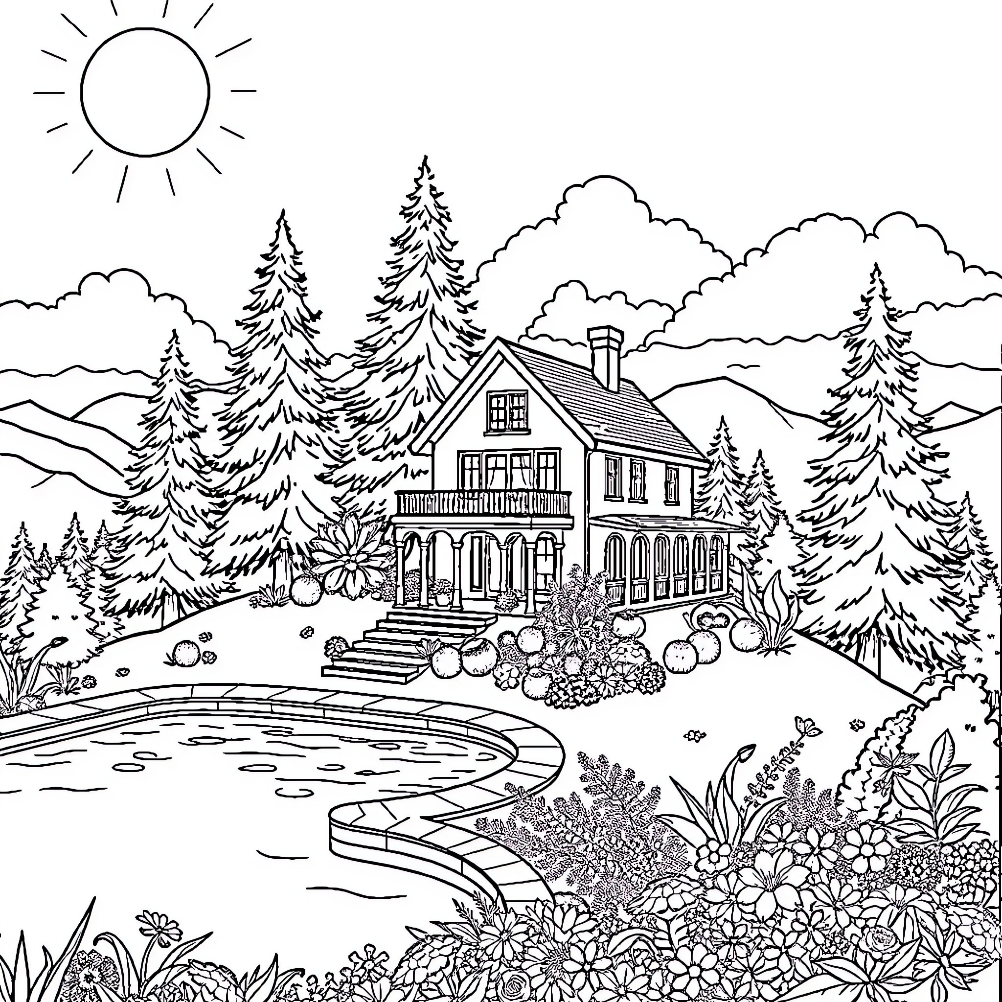 House with Lush Garden and Mountain Scenery Coloring Page (free black-and-white line drawing printable PDF for all, from beginners to advanced learners, including children, teens, adults, and seniors)