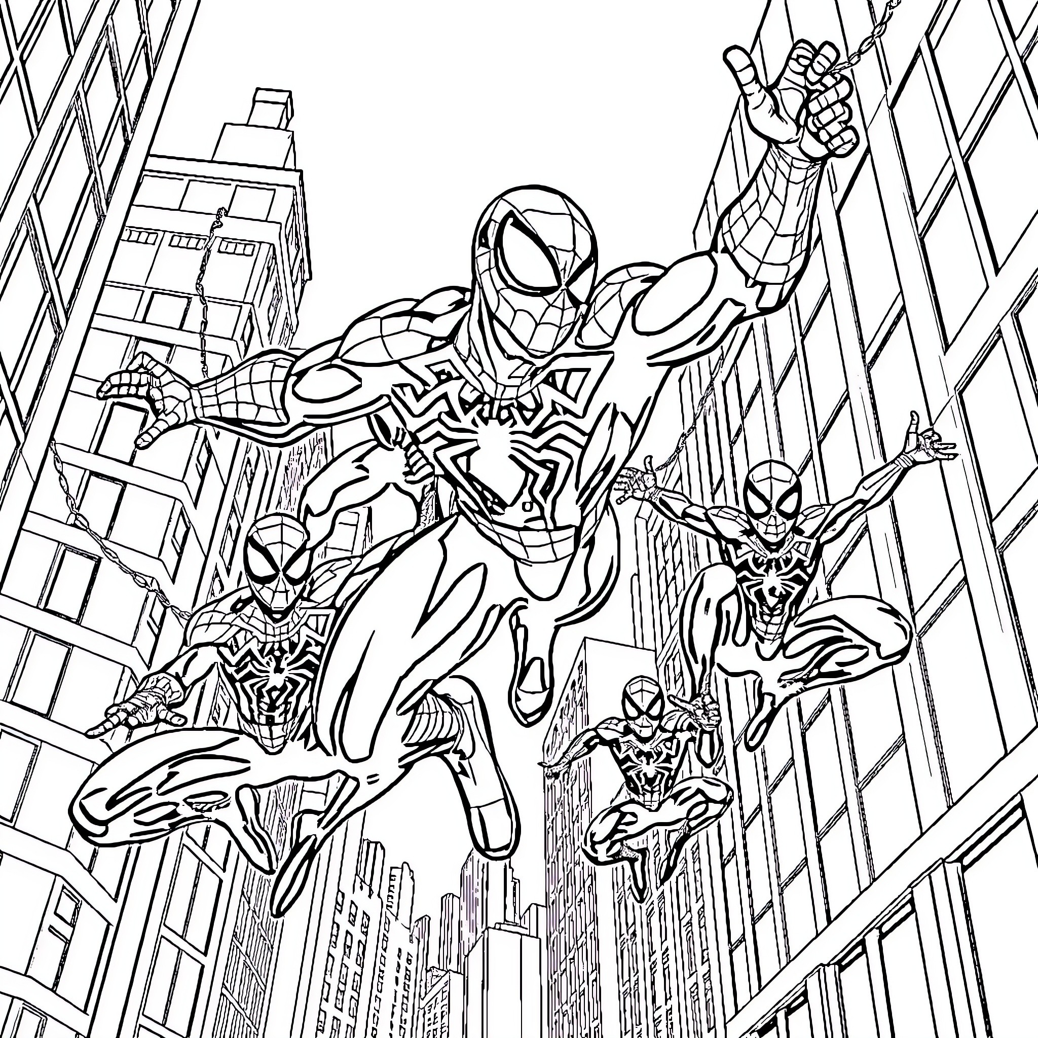 Spider-Man and Spiderverse team battle through the city Coloring Page (free black-and-white line drawing printable PDF for all, from beginners to advanced learners, including children, teens, adults, and seniors)