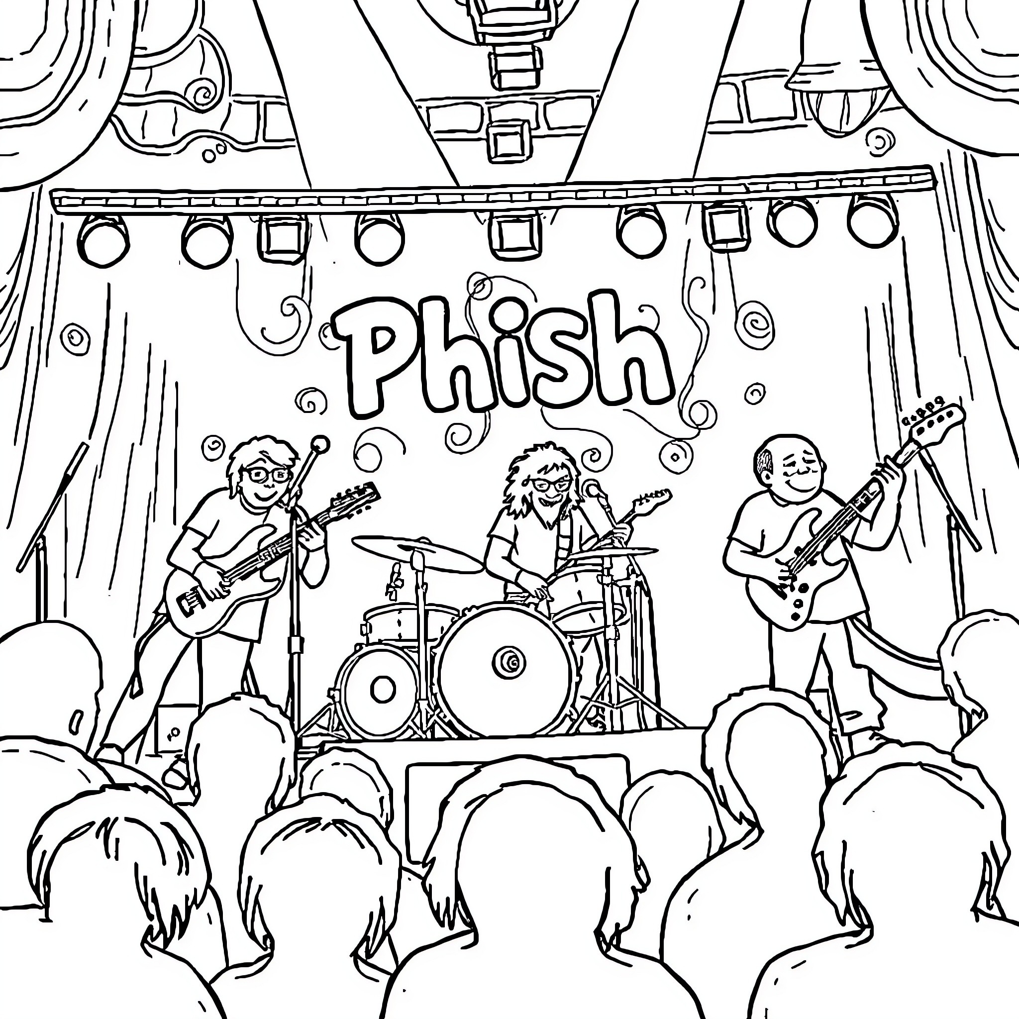 Phish Band Performing on Stage with Fans Coloring Page (free black-and-white line drawing printable PDF for all, from beginners to advanced learners, including children, teens, adults, and seniors)