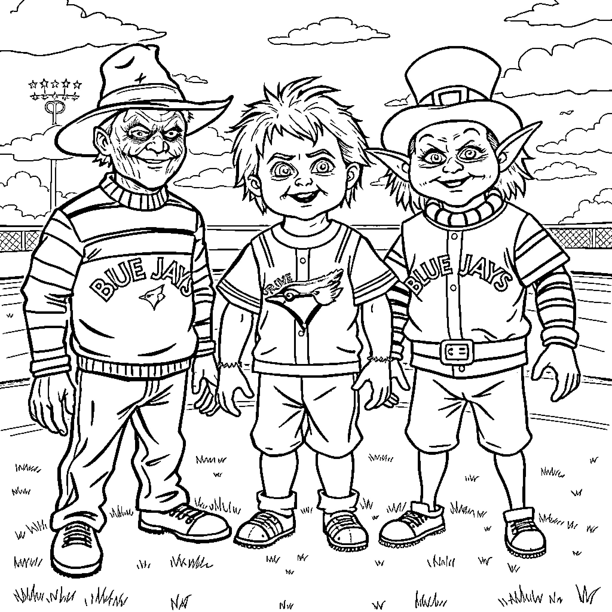 Freddy Kruger and friends in sports uniforms Coloring Page (free black-and-white line drawing printable PDF for all, from beginners to advanced learners, including children, teens, adults, and seniors)