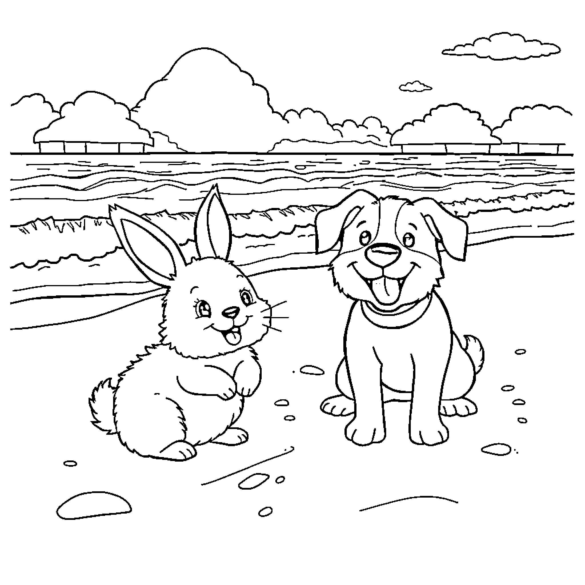 Rabbit and Dog Playing on the Beach Coloring Page (free black-and-white line drawing printable PDF for all, from beginners to advanced learners, including children, teens, adults, and seniors)