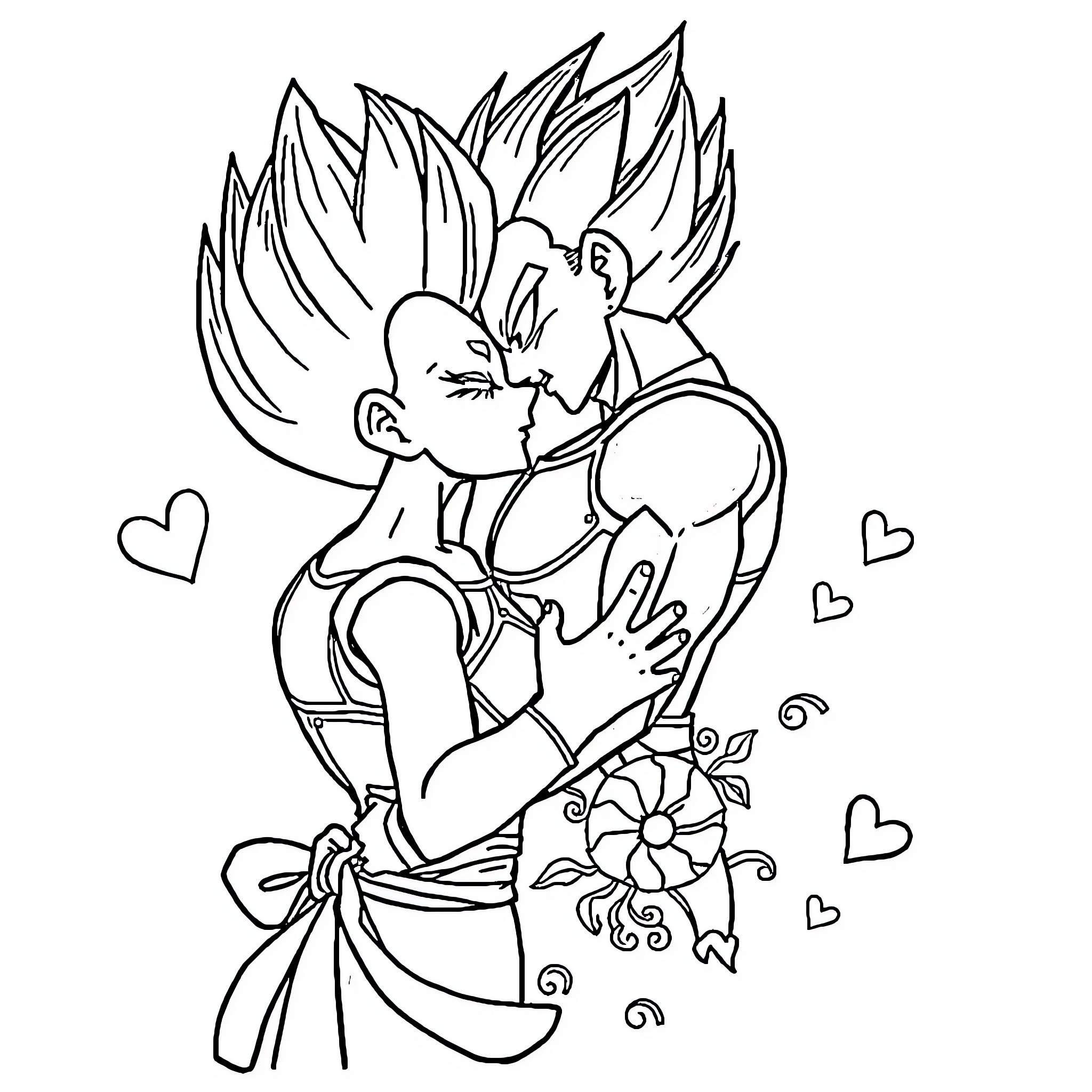Vegeta's Passionate Embrace Coloring Page (free black-and-white line drawing printable PDF for all, from beginners to advanced learners, including children, teens, adults, and seniors)