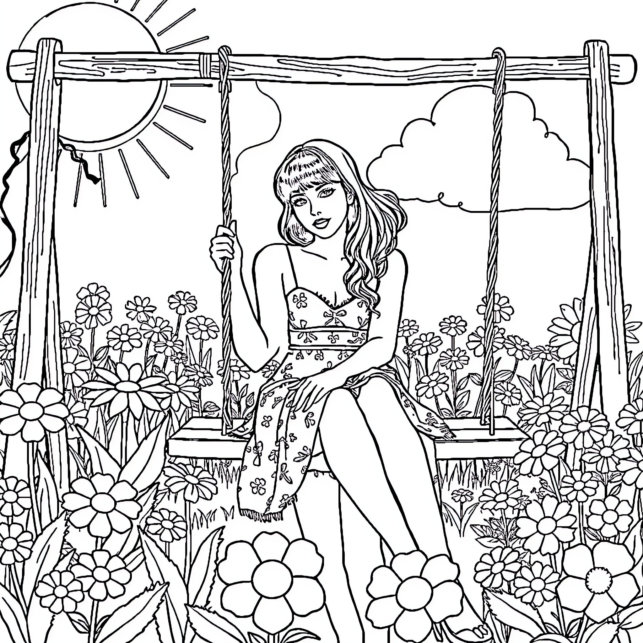 Melanie Martinez sitting on a swing in a whimsical garden Coloring Page (free black-and-white line drawing printable PDF for all, from beginners to advanced learners, including children, teens, adults, and seniors)