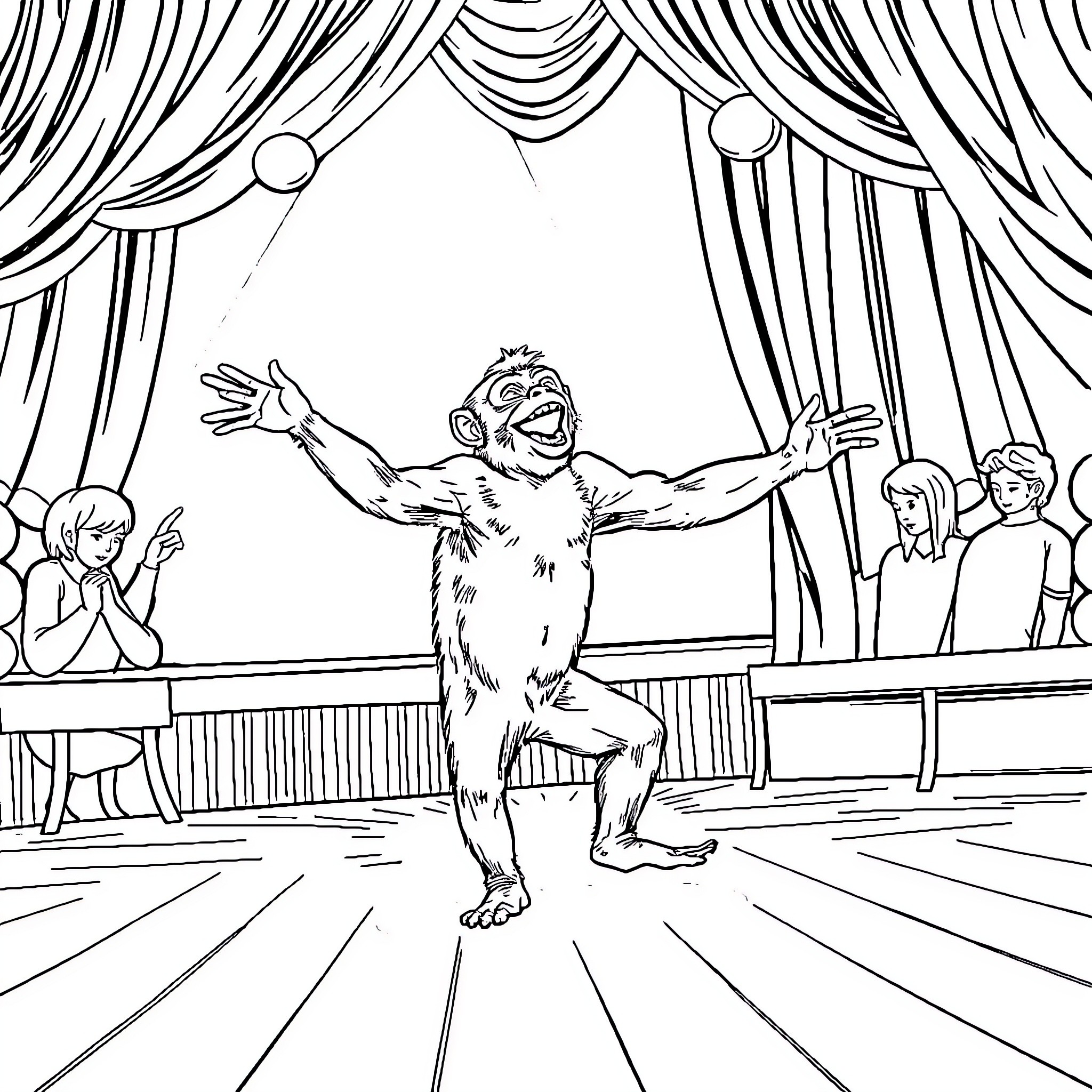 Capuchin monkey performing on stage Coloring Page (free black-and-white line drawing printable PDF for all, from beginners to advanced learners, including children, teens, adults, and seniors)