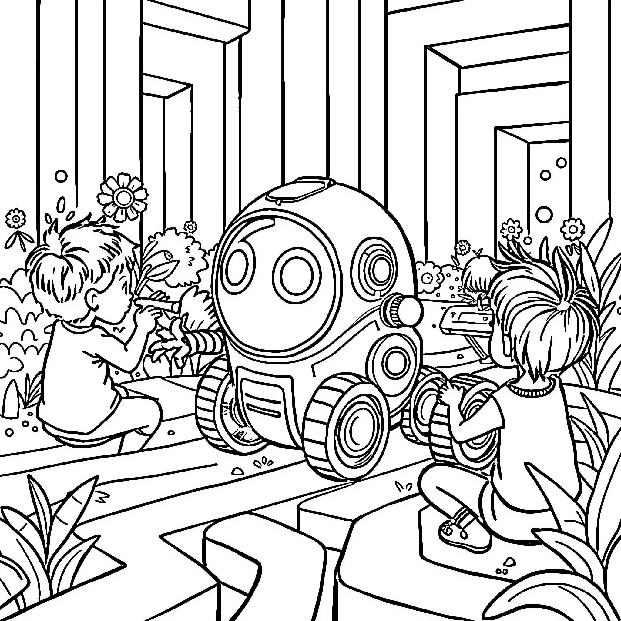 Sphero robot exploring a whimsical garden Coloring Page (free black-and-white line drawing printable PDF for all, from beginners to advanced learners, including children, teens, adults, and seniors)