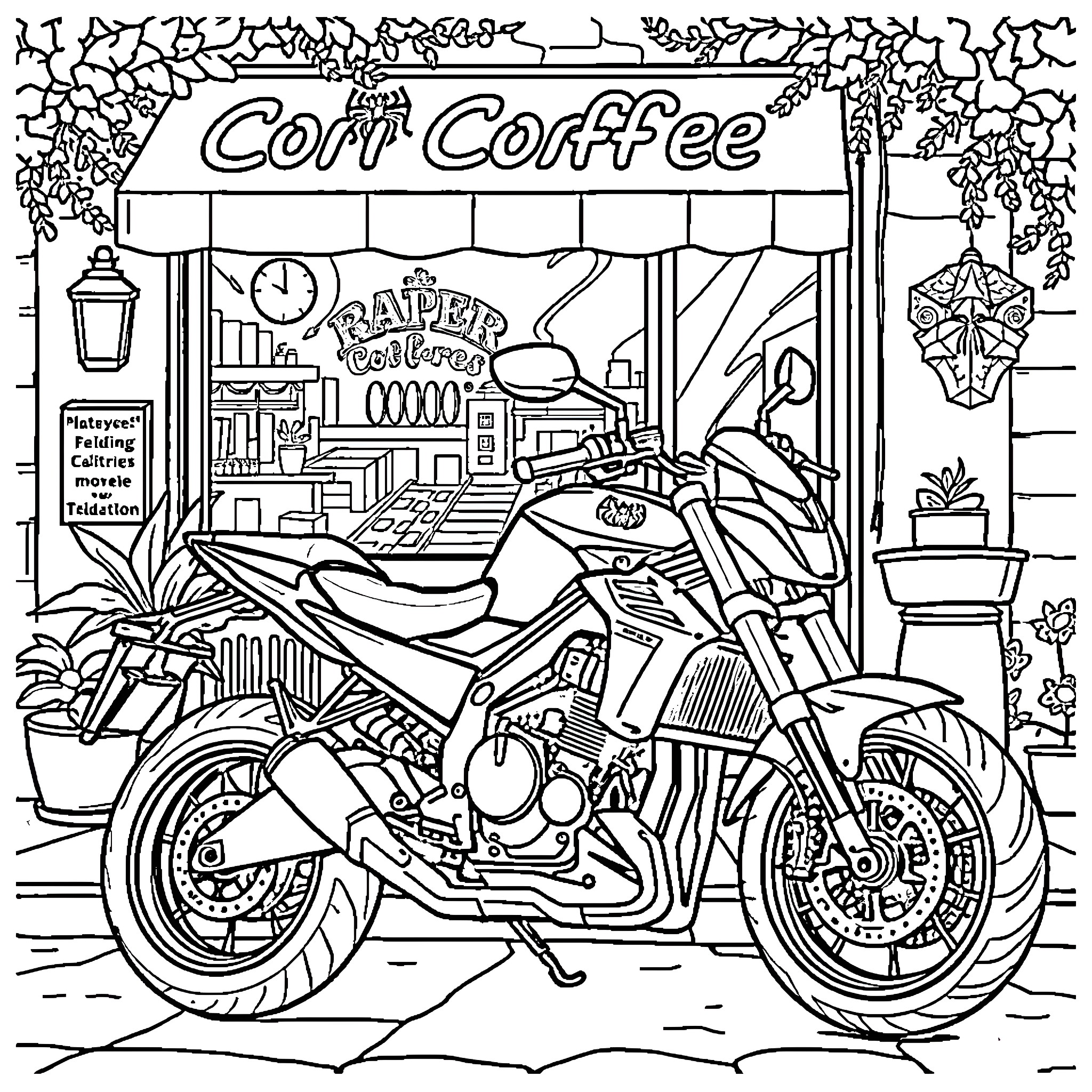 Spiderman's Motorcycle Adventure at the Cafe Coloring Page (free black-and-white line drawing printable PDF for all, from beginners to advanced learners, including children, teens, adults, and seniors)