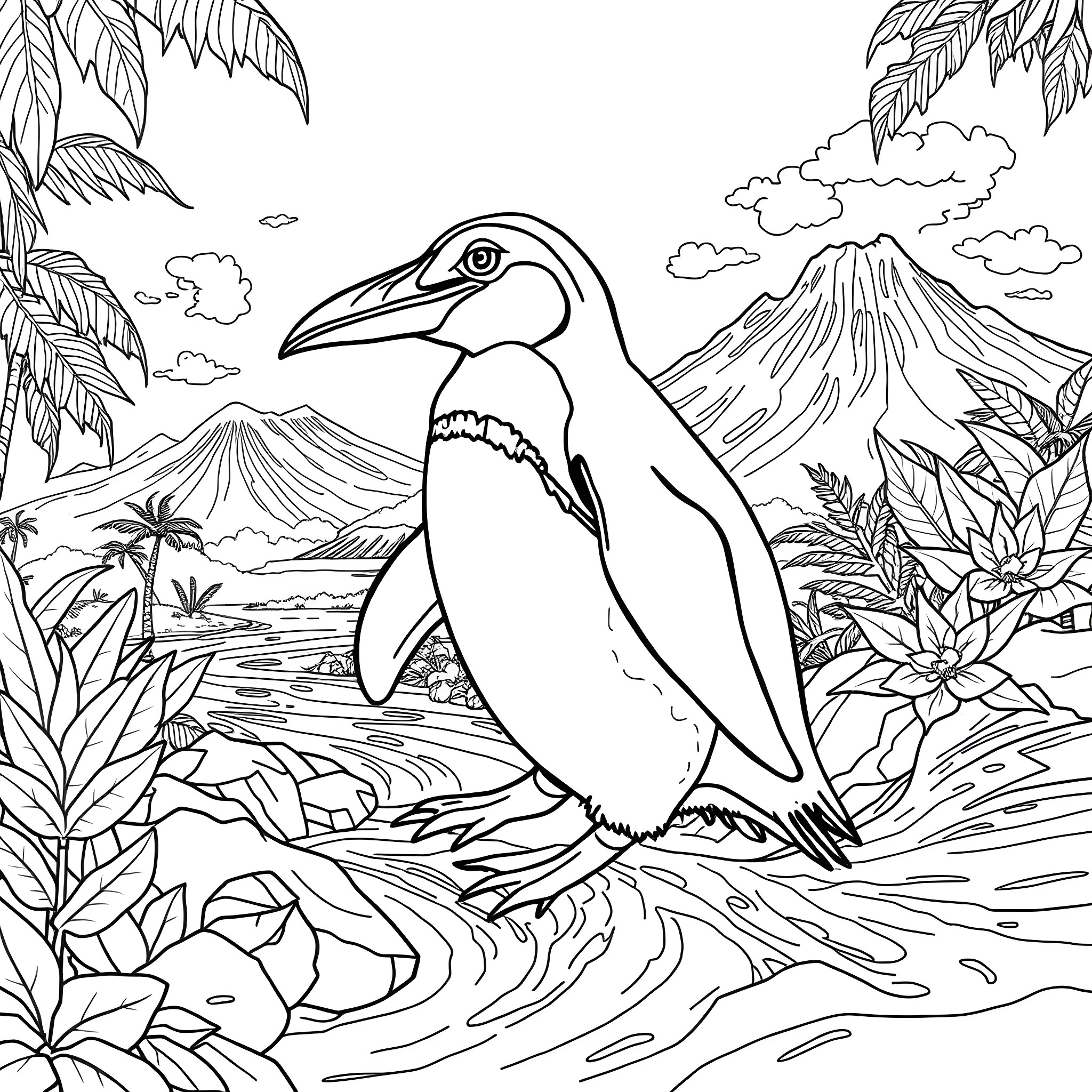 Penguin in Tropical Landscape Coloring Page (free black-and-white line drawing printable PDF for all, from beginners to advanced learners, including children, teens, adults, and seniors)