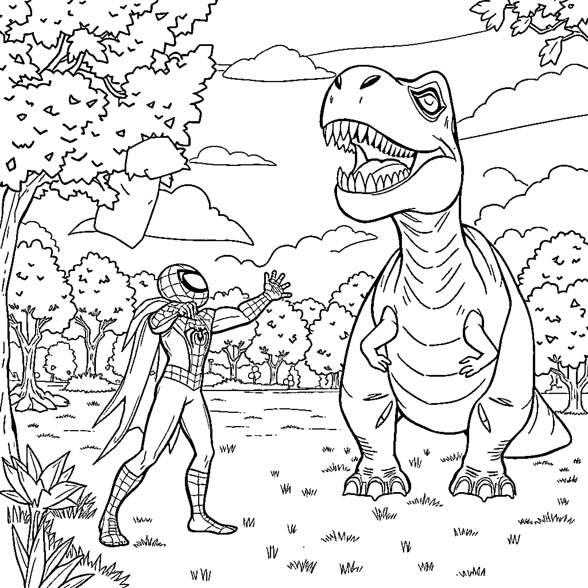 Spider-Man facing a giant dinosaur in the wild Coloring Page (free black-and-white line drawing printable PDF for all, from beginners to advanced learners, including children, teens, adults, and seniors)