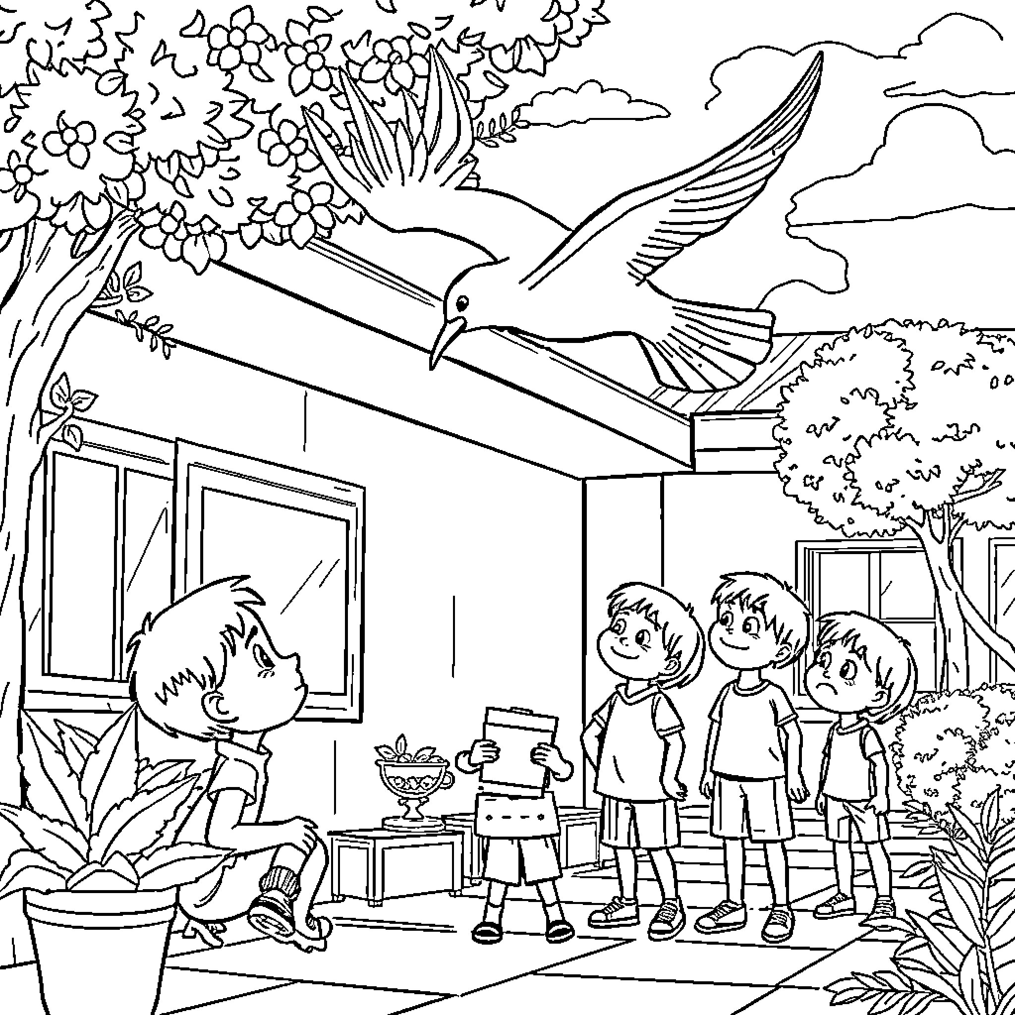 Gaviota: Children Observing Bird in Tropical Garden Coloring Page (free black-and-white line drawing printable PDF for all, from beginners to advanced learners, including children, teens, adults, and seniors)