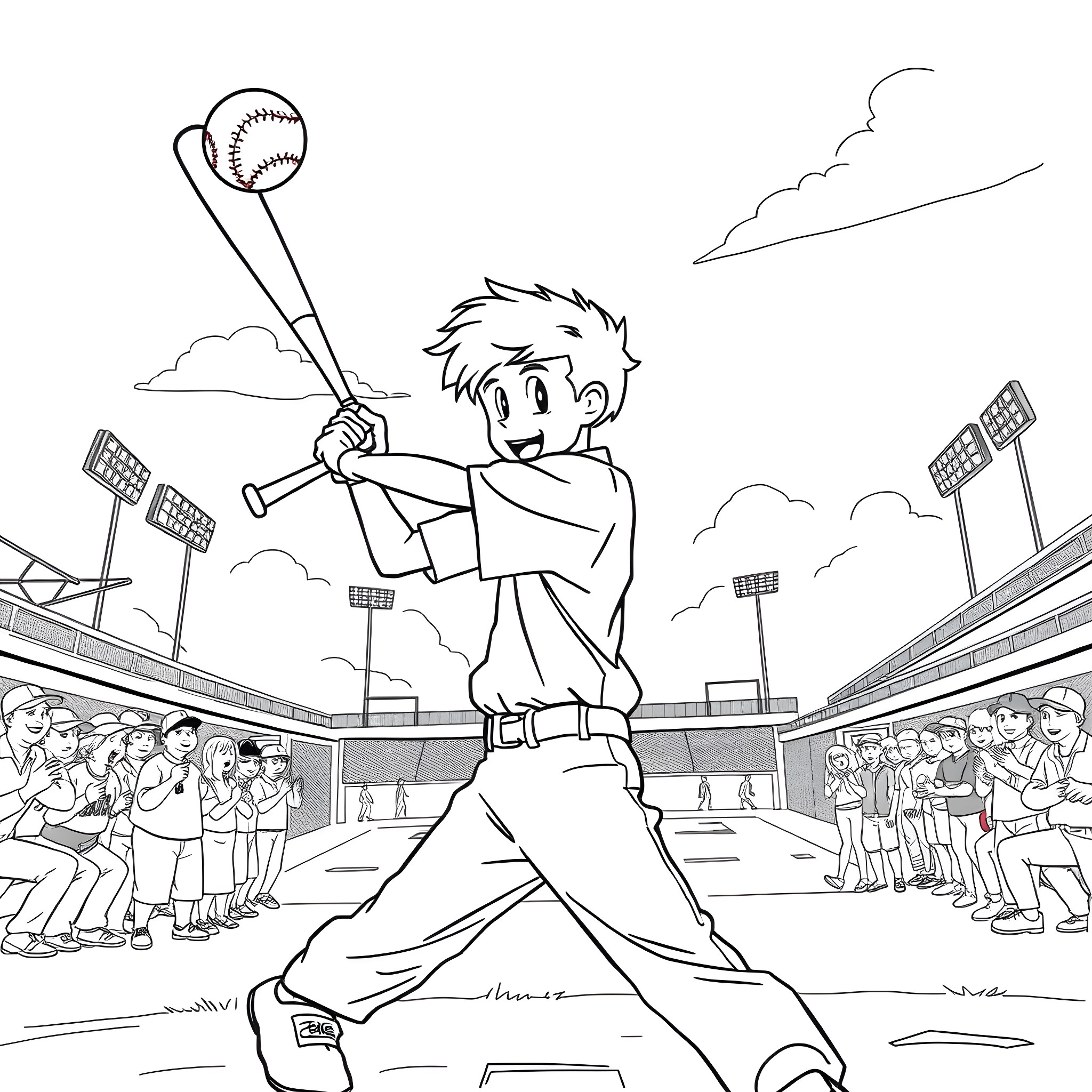 Boy baseball player hitting ball on field Coloring Page (free black-and-white line drawing printable PDF for all, from beginners to advanced learners, including children, teens, adults, and seniors)