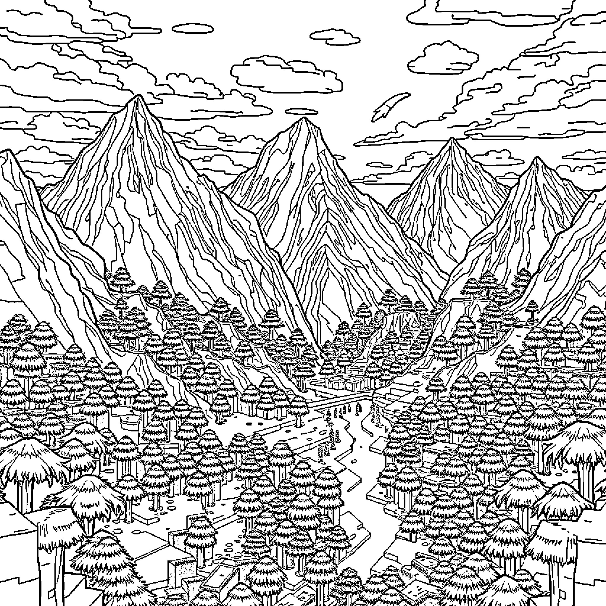 Minecraft Mountainous Landscape with Trees and Villages Coloring Page (free black-and-white line drawing printable PDF for all, from beginners to advanced learners, including children, teens, adults, and seniors)