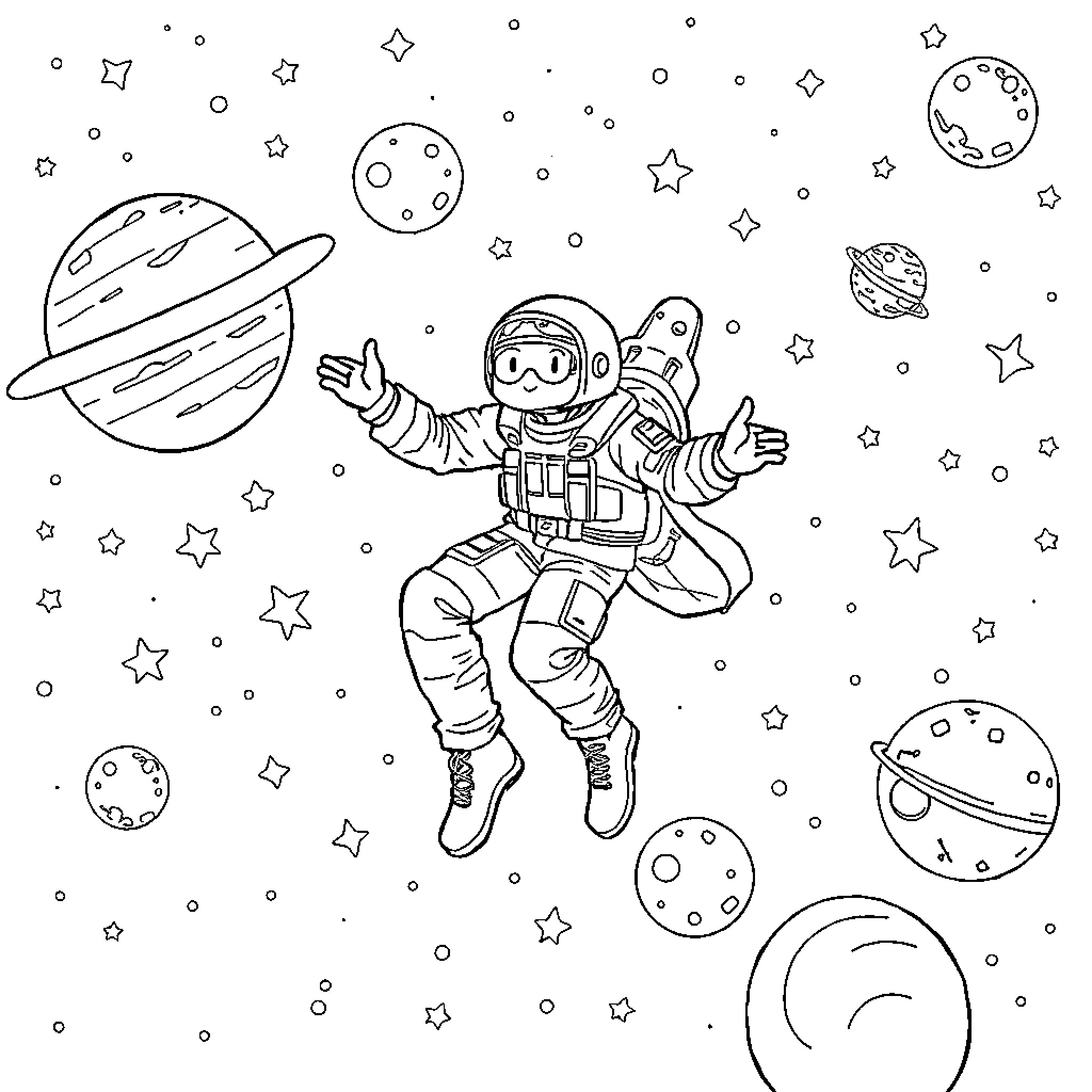 DevOps Engineer exploring outer space among planets and stars Coloring Page (free black-and-white line drawing printable PDF for all, from beginners to advanced learners, including children, teens, adults, and seniors)