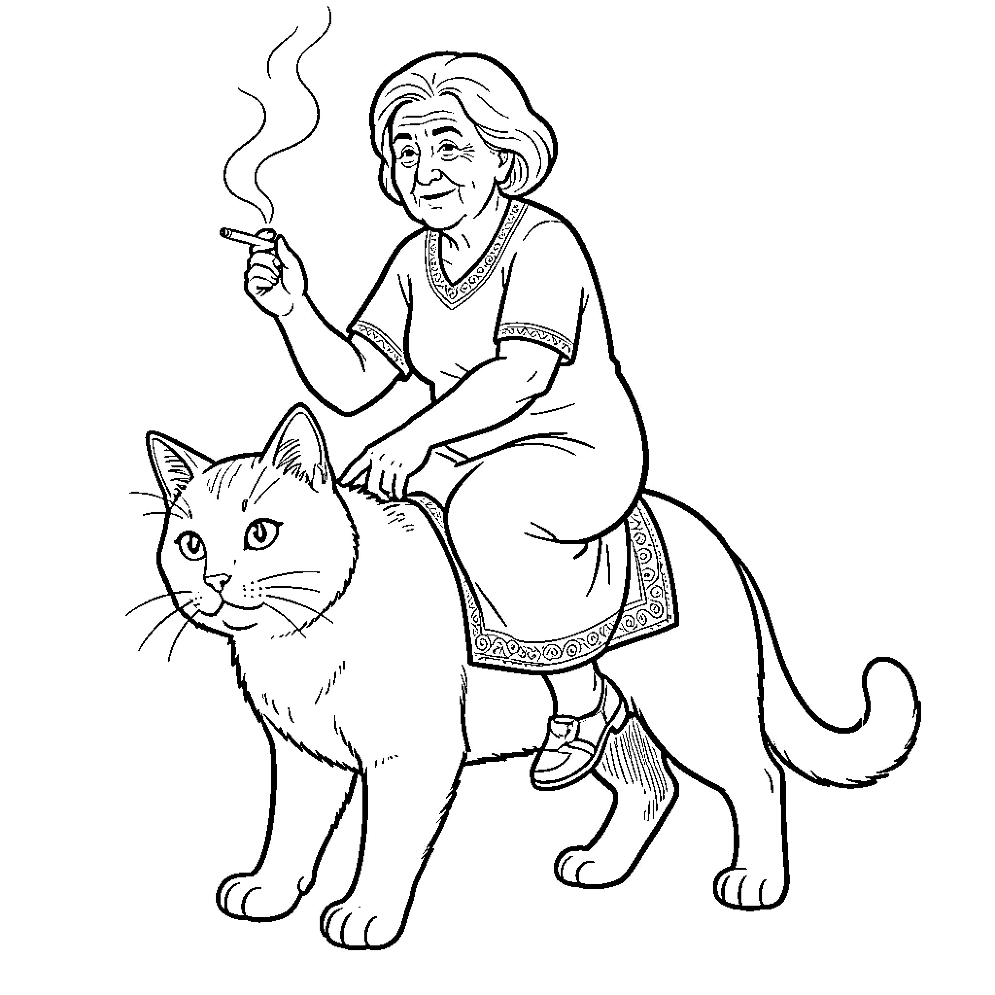 Grandma riding a large cat while smoking a cigarette Coloring Page (free black-and-white line drawing printable PDF for all, from beginners to advanced learners, including children, teens, adults, and seniors)