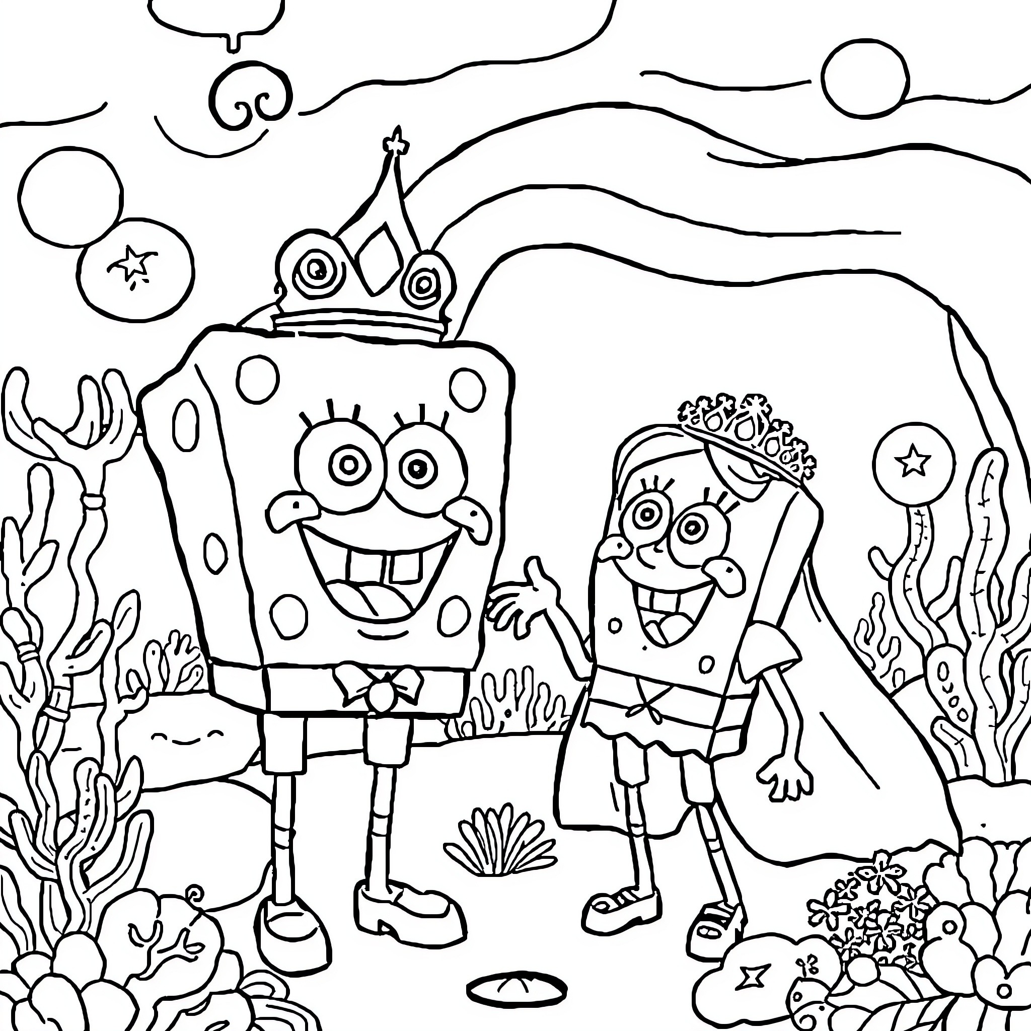 Bob esponja and his friend exploring underwater Coloring Page (free black-and-white line drawing printable PDF for all, from beginners to advanced learners, including children, teens, adults, and seniors)