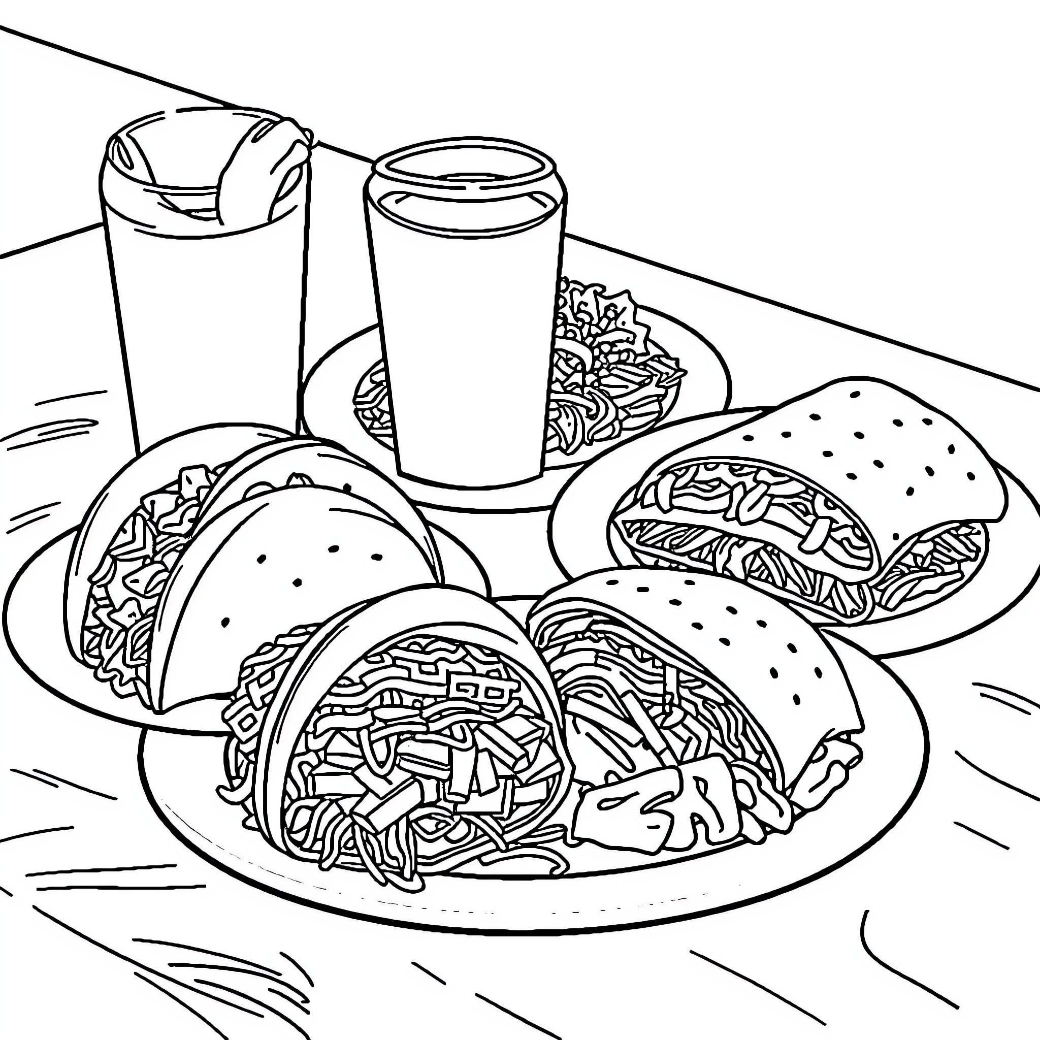 Taco Feast with Drinks Coloring Page (free black-and-white line drawing printable PDF for all, from beginners to advanced learners, including children, teens, adults, and seniors)