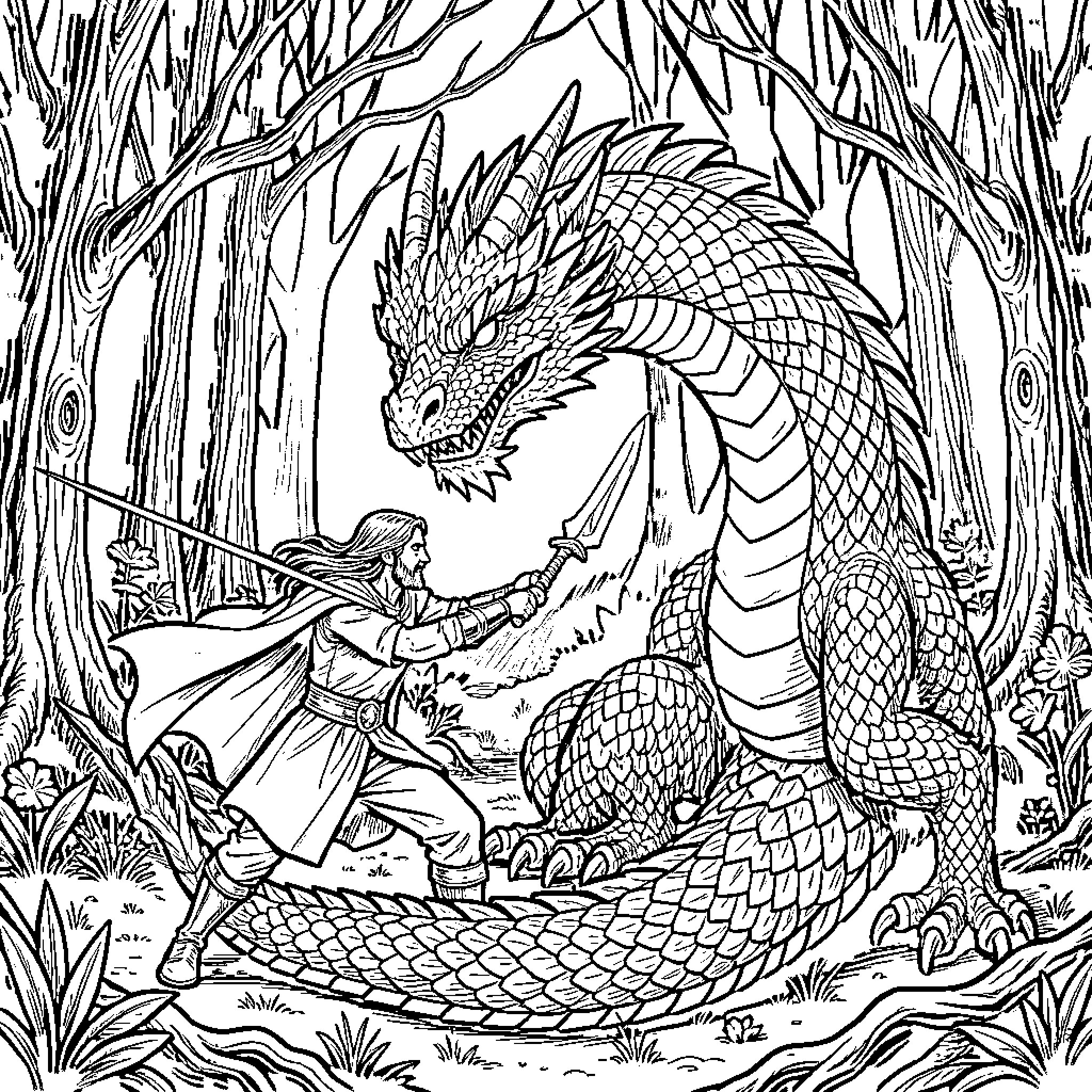 Knight Confronting the Mighty Dragon in the Forest Coloring Page (free black-and-white line drawing printable PDF for all, from beginners to advanced learners, including children, teens, adults, and seniors)
