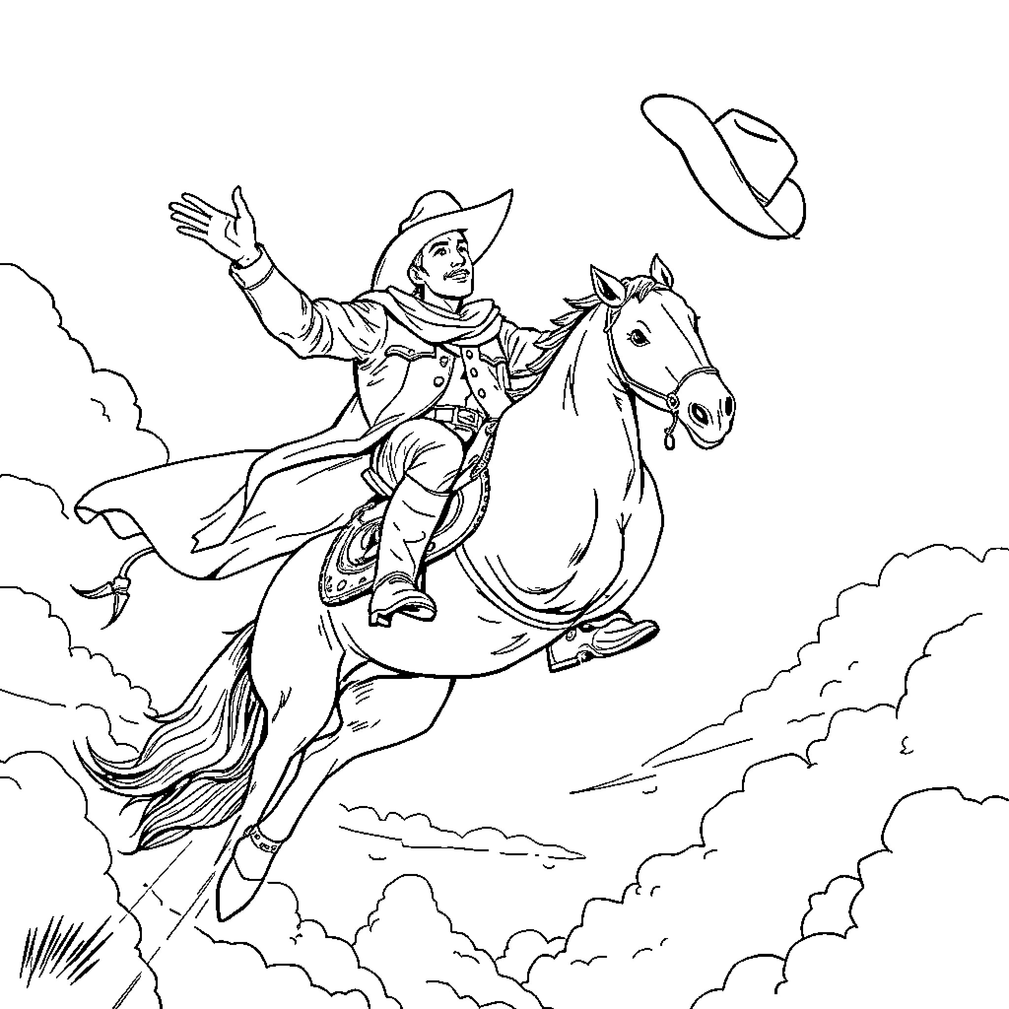 Cowboy riding horse through the clouds Coloring Page (free black-and-white line drawing printable PDF for all, from beginners to advanced learners, including children, teens, adults, and seniors)
