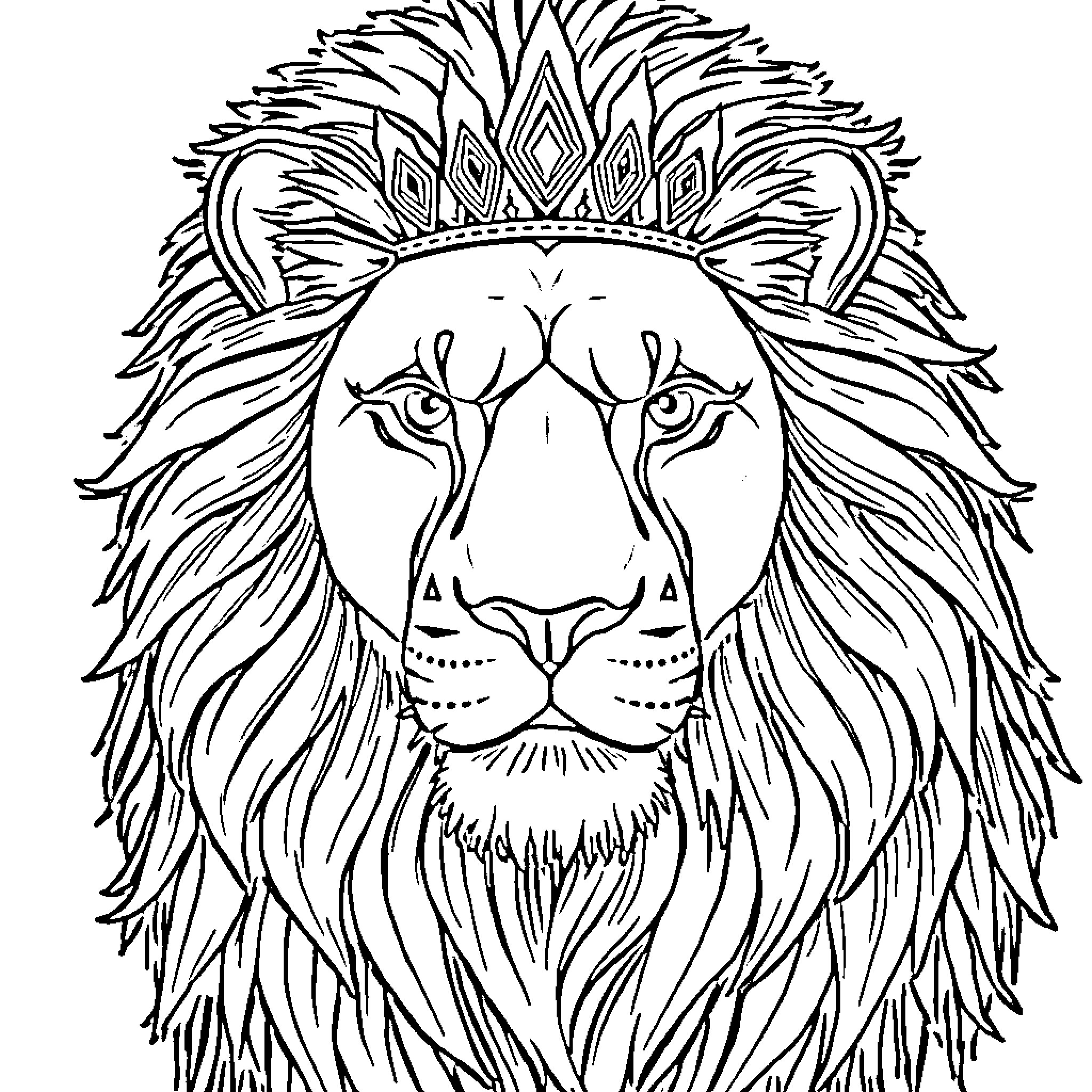 Lion with intricate crown-like mane Coloring Page (free black-and-white line drawing printable PDF for all, from beginners to advanced learners, including children, teens, adults, and seniors)