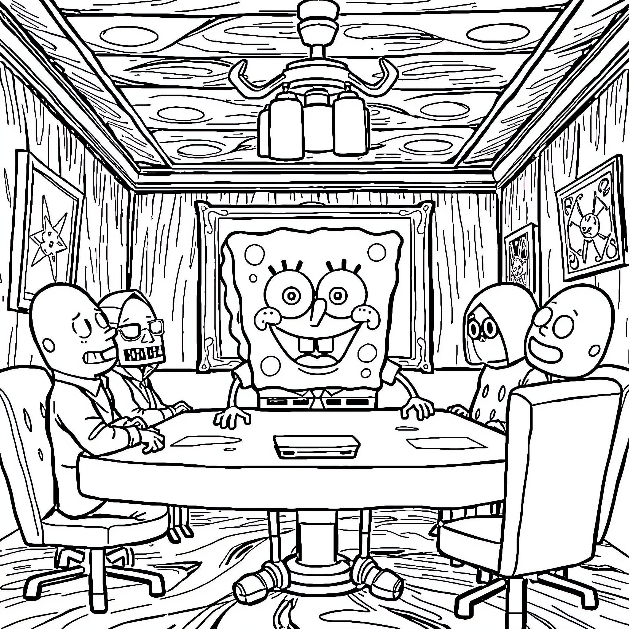 Spongebob and friends having a meeting Coloring Page (free black-and-white line drawing printable PDF for all, from beginners to advanced learners, including children, teens, adults, and seniors)