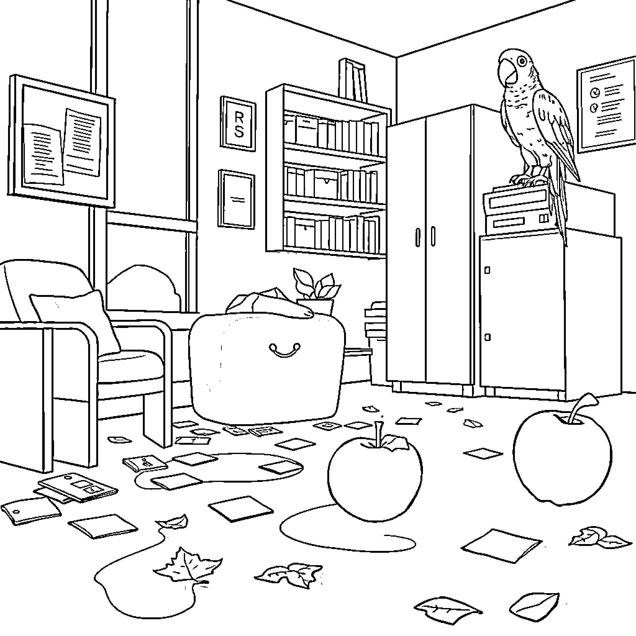 Parrot perched in an office environment Coloring Page (free black-and-white line drawing printable PDF for all, from beginners to advanced learners, including children, teens, adults, and seniors)