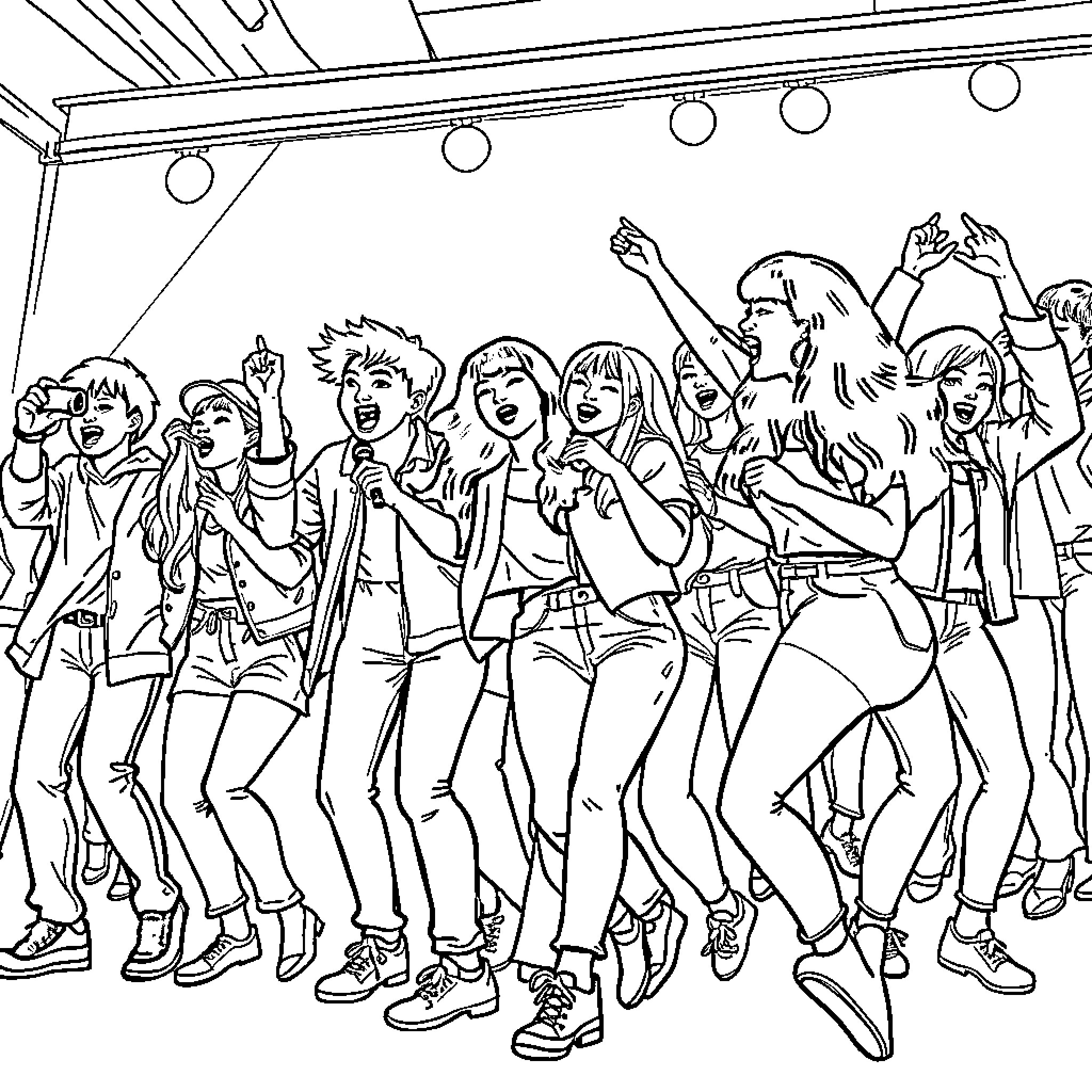 Kpop Hunter: Energetic Performers on Stage Coloring Page (free black-and-white line drawing printable PDF for all, from beginners to advanced learners, including children, teens, adults, and seniors)