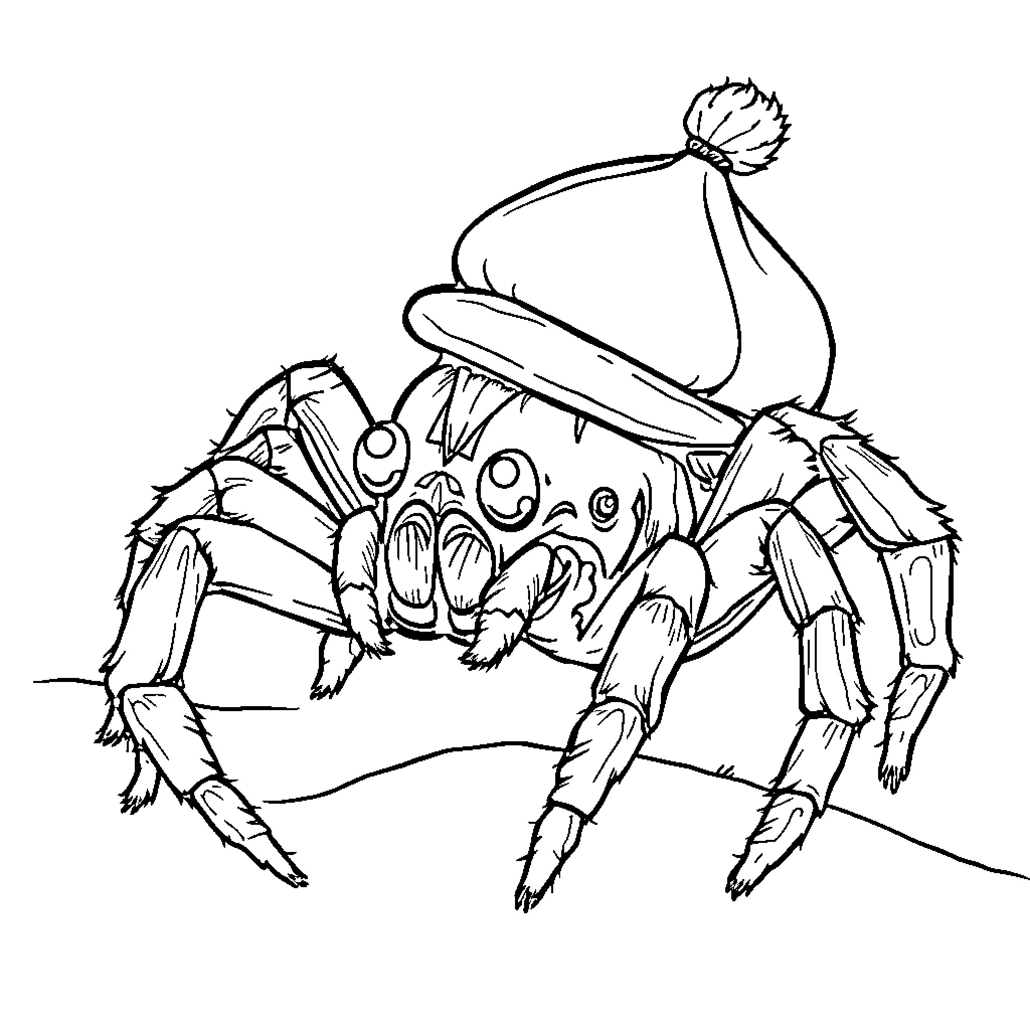 Spider Wearing a Whimsical Hat Coloring Page (free black-and-white line drawing printable PDF for all, from beginners to advanced learners, including children, teens, adults, and seniors)