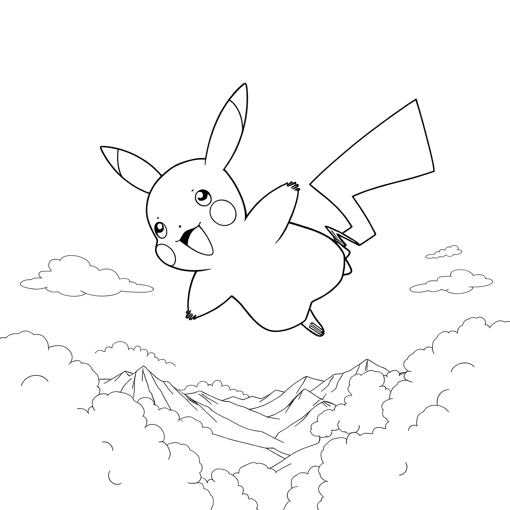 Pikachu happily flying in the clouds Coloring Page (free black-and-white line drawing printable PDF for all, from beginners to advanced learners, including children, teens, adults, and seniors)