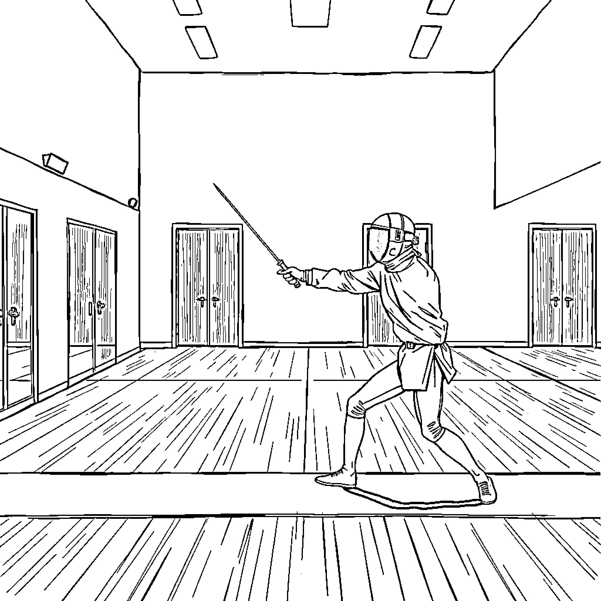 Epee Fencer Engaged in Competitive Fencing Match Coloring Page (free black-and-white line drawing printable PDF for all, from beginners to advanced learners, including children, teens, adults, and seniors)