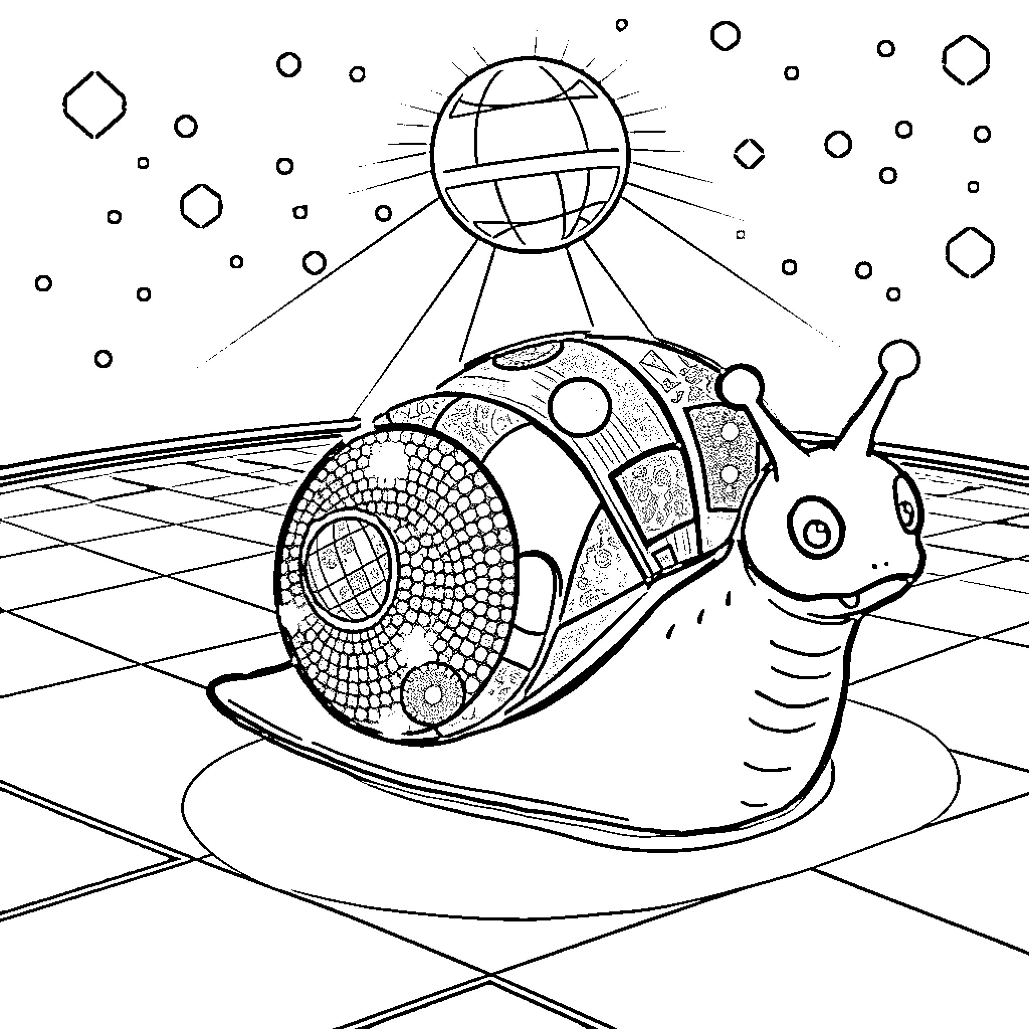 Snail exploring the cosmic landscape Coloring Page (free black-and-white line drawing printable PDF for all, from beginners to advanced learners, including children, teens, adults, and seniors)