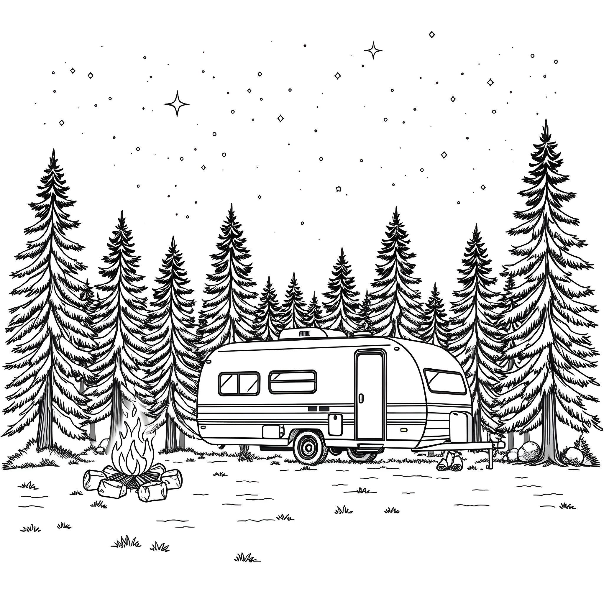 Trailer of a camping trip in snowy forest Coloring Page (free black-and-white line drawing printable PDF for all, from beginners to advanced learners, including children, teens, adults, and seniors)