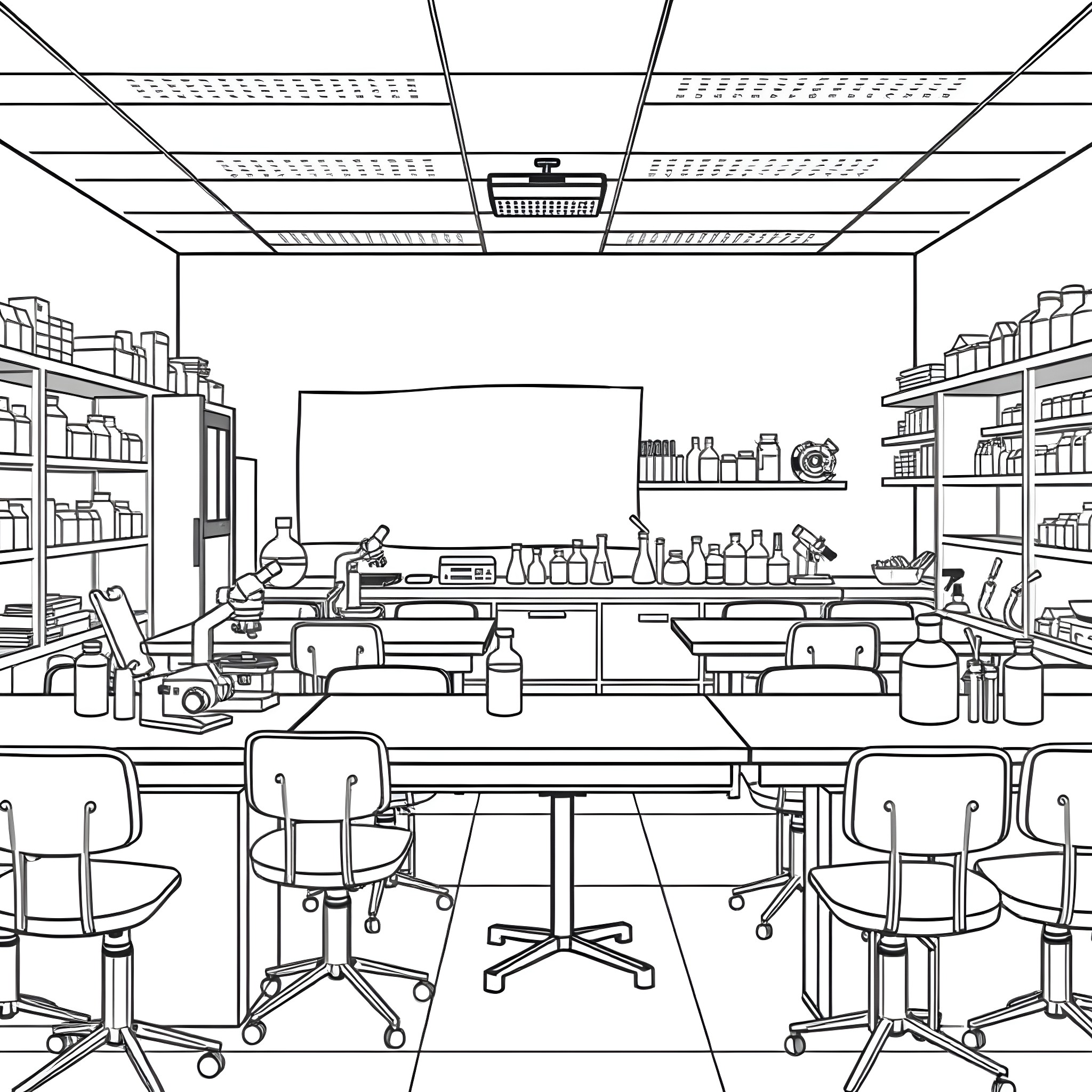 Biology Laboratory with Scientific Equipment and Workstations Coloring Page (free black-and-white line drawing printable PDF for all, from beginners to advanced learners, including children, teens, adults, and seniors)