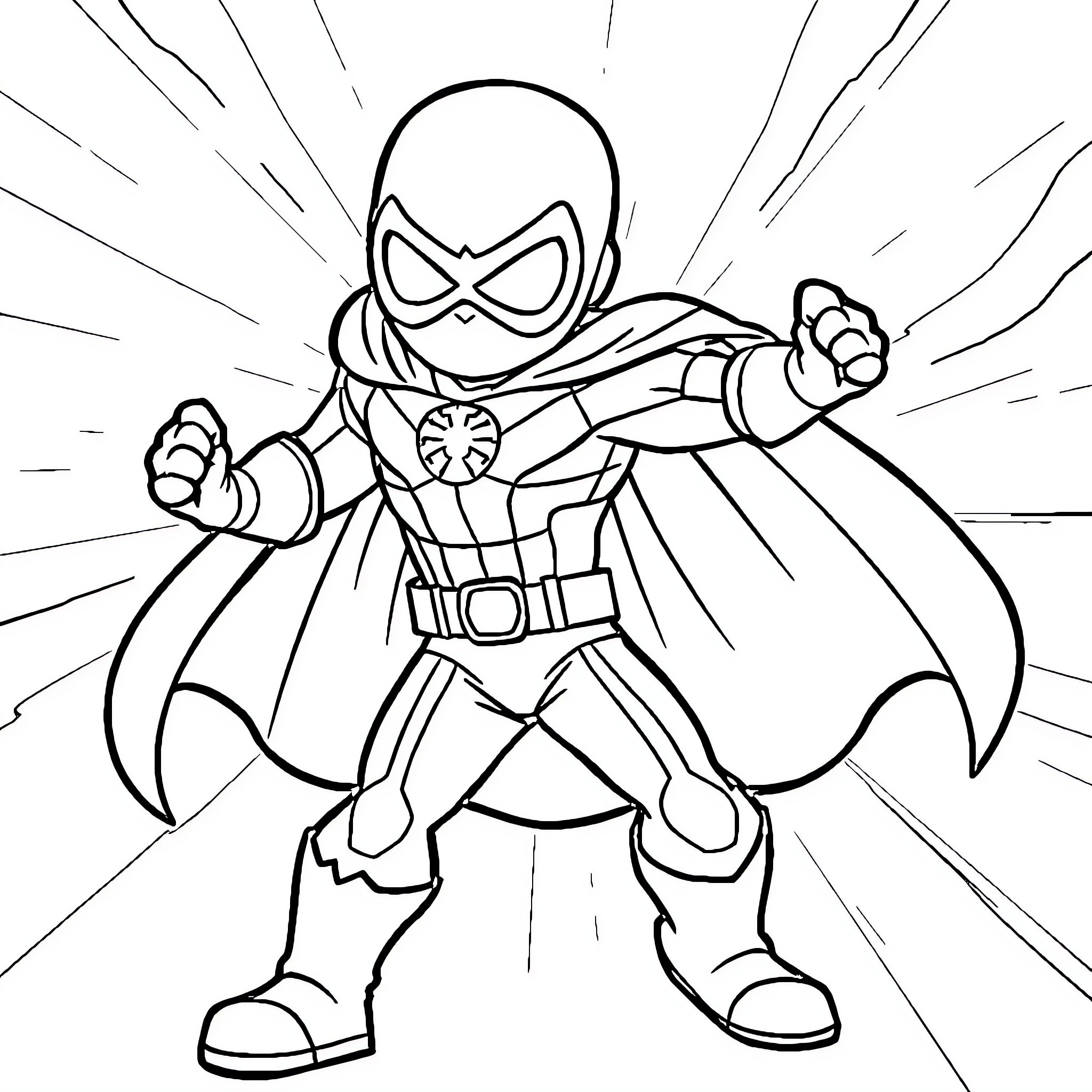 Superhero in Action-Packed Pose Coloring Page (free black-and-white line drawing printable PDF for all, from beginners to advanced learners, including children, teens, adults, and seniors)