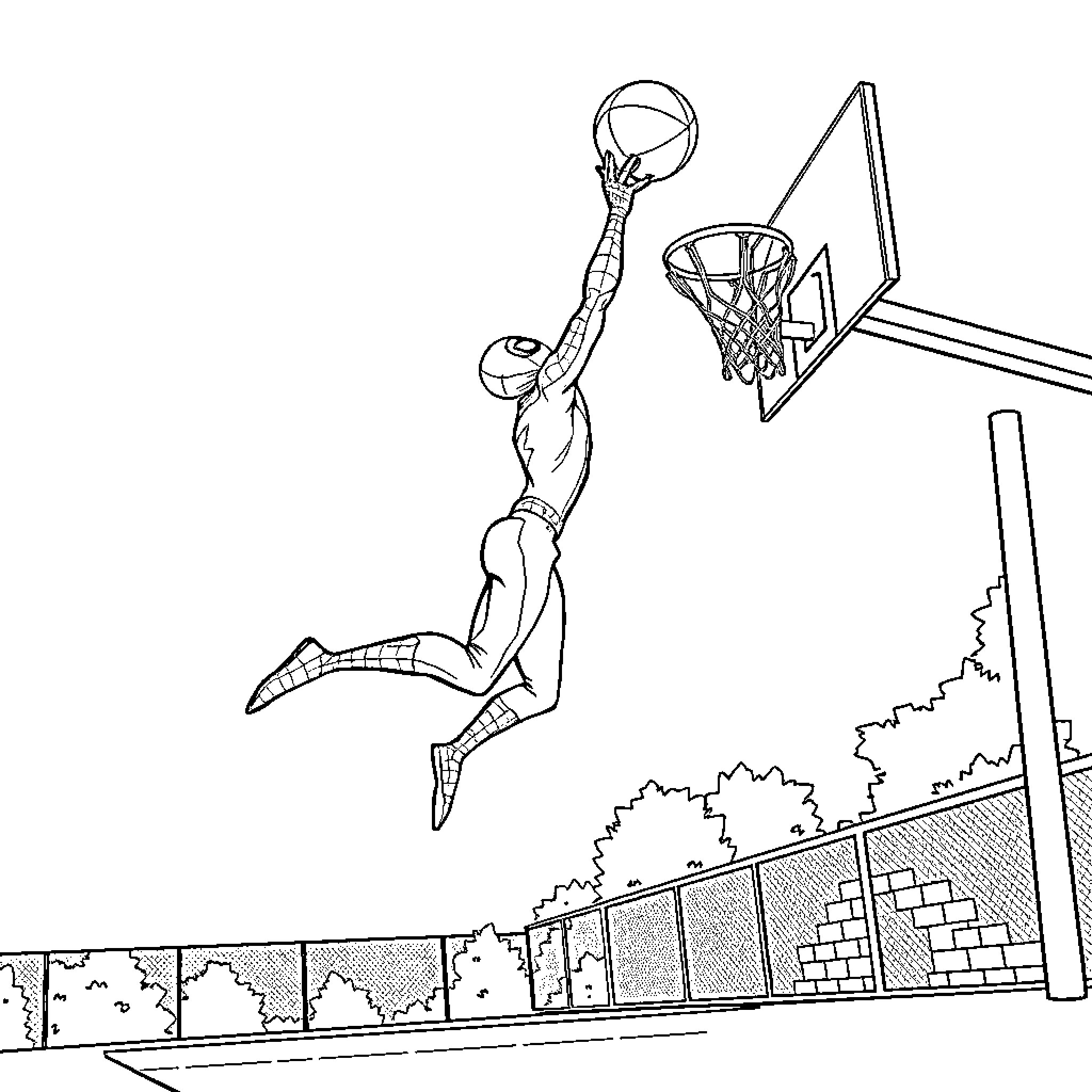 Spiderman dunking a basketball on a court Coloring Page (free black-and-white line drawing printable PDF for all, from beginners to advanced learners, including children, teens, adults, and seniors)