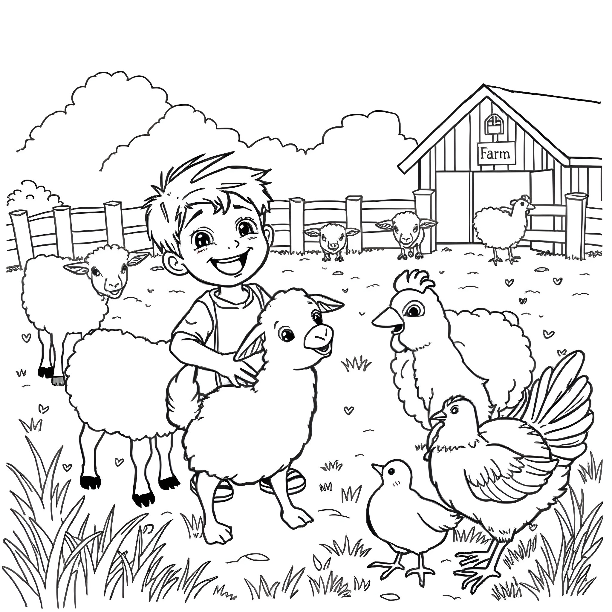Boy playing happily with farm animals in the countryside Coloring Page (free black-and-white line drawing printable PDF for all, from beginners to advanced learners, including children, teens, adults, and seniors)