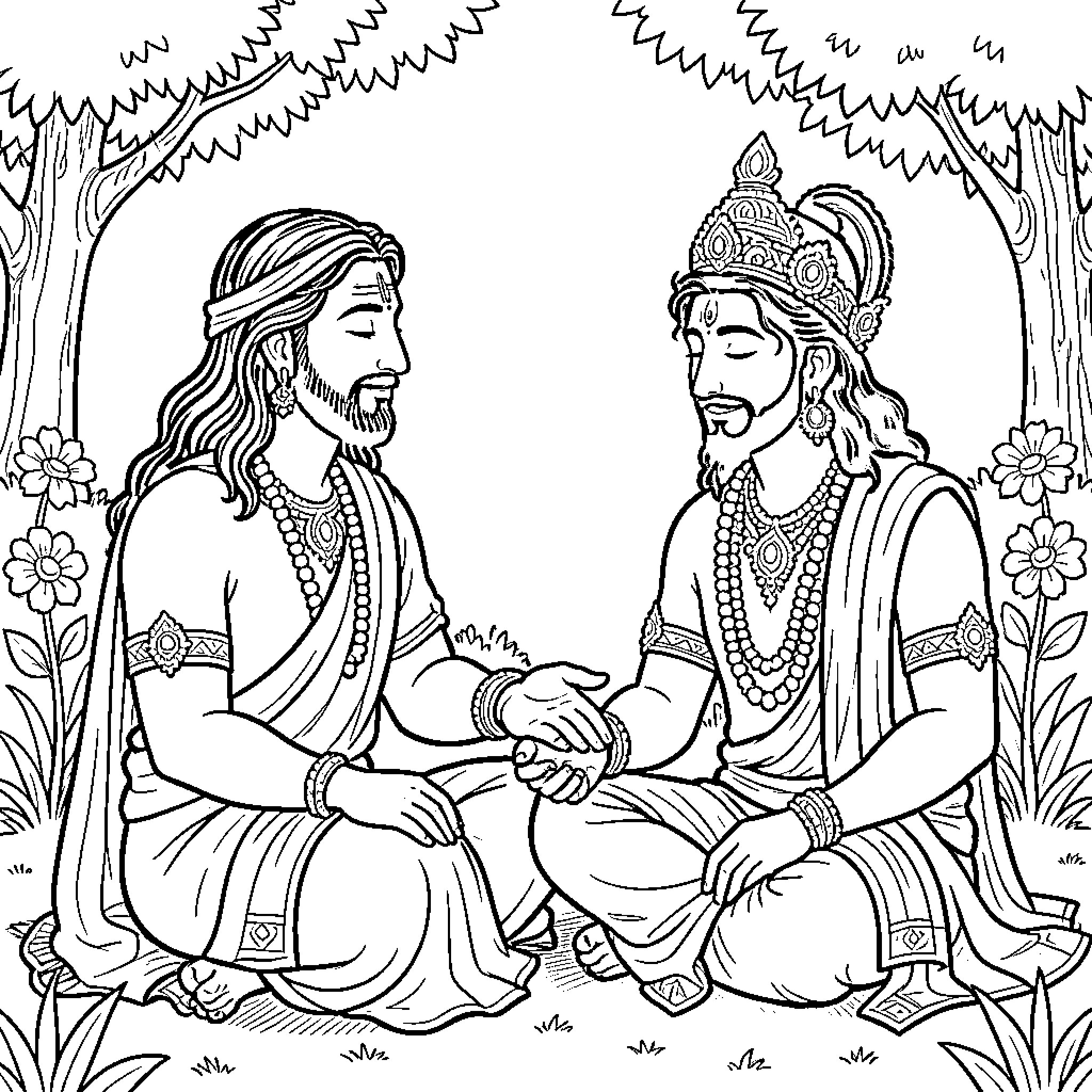 Jesus Krishna seated together in a peaceful garden scene Coloring Page (free black-and-white line drawing printable PDF for all, from beginners to advanced learners, including children, teens, adults, and seniors)