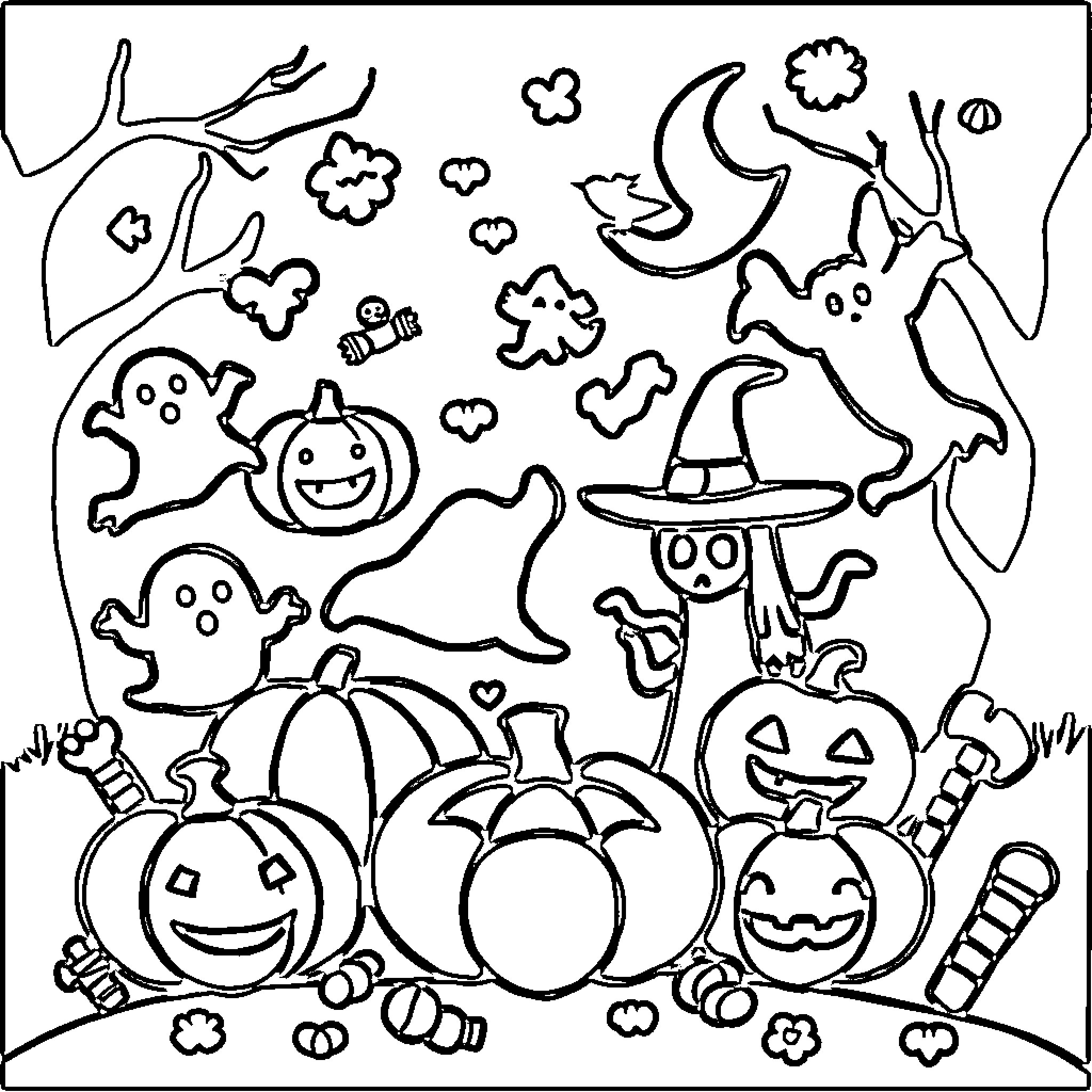 Halloween Spooky Characters and Pumpkins Coloring Page (free black-and-white line drawing printable PDF for all, from beginners to advanced learners, including children, teens, adults, and seniors)