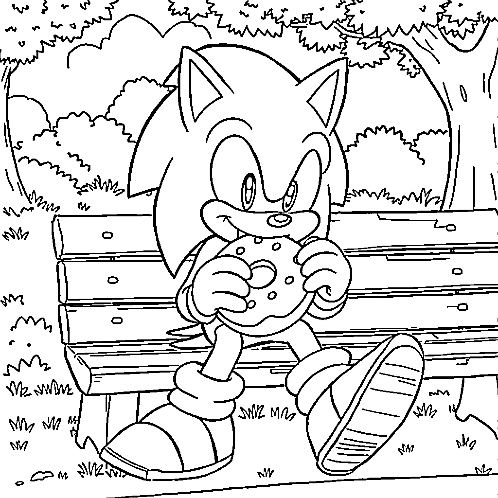 Sonic character enjoying outdoor adventure Coloring Page (free black-and-white line drawing printable PDF for all, from beginners to advanced learners, including children, teens, adults, and seniors)