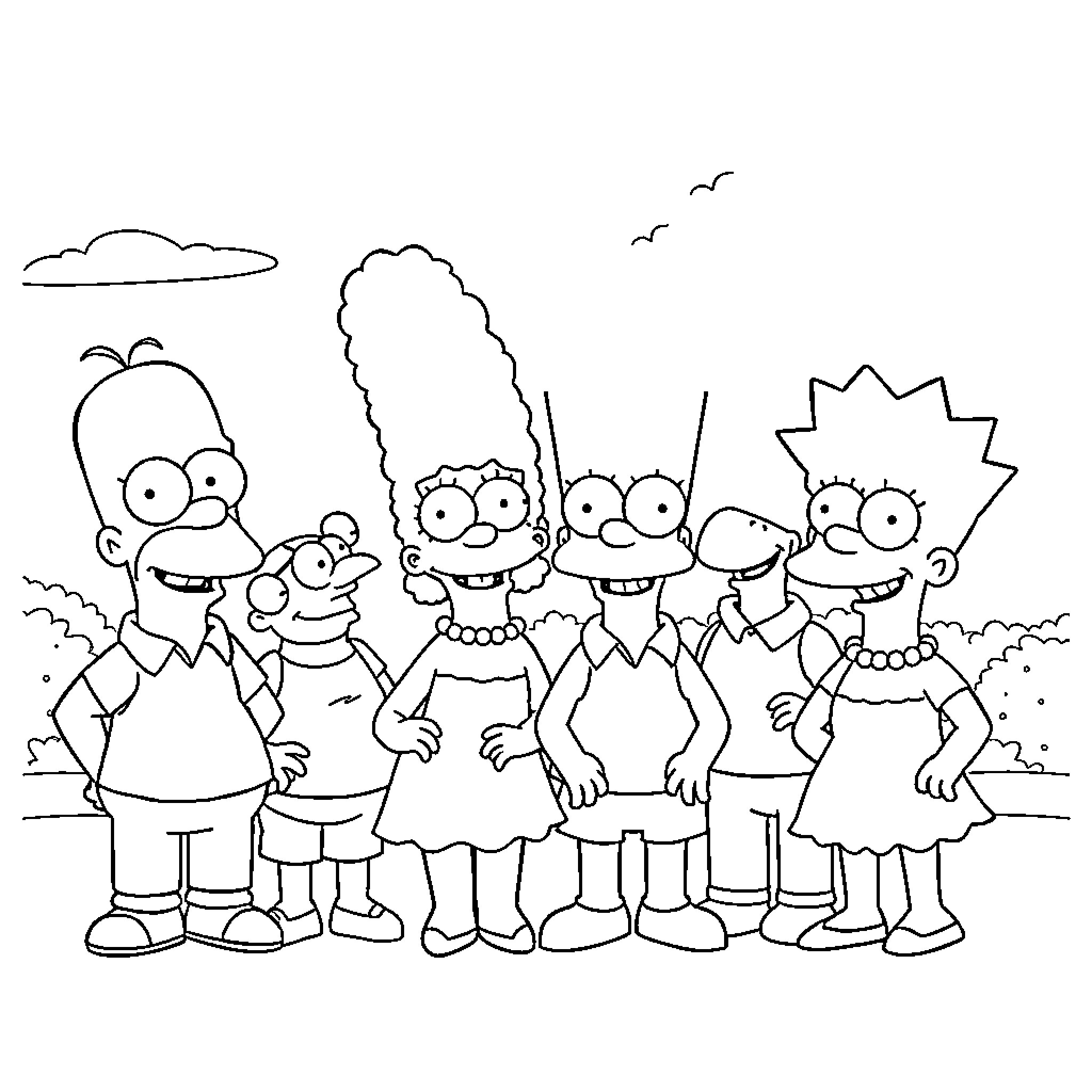Simpson family members in a group pose Coloring Page (free black-and-white line drawing printable PDF for all, from beginners to advanced learners, including children, teens, adults, and seniors)