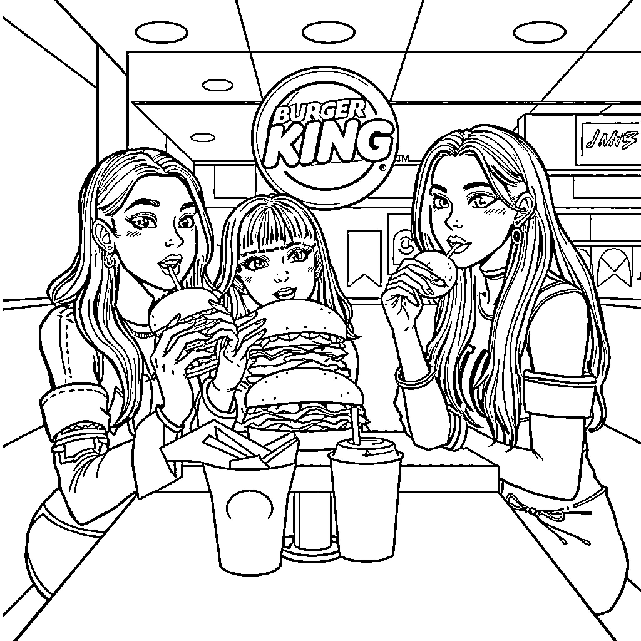 K Pop Warrior Girls Enjoying Burgers and Fries Coloring Page (free black-and-white line drawing printable PDF for all, from beginners to advanced learners, including children, teens, adults, and seniors)