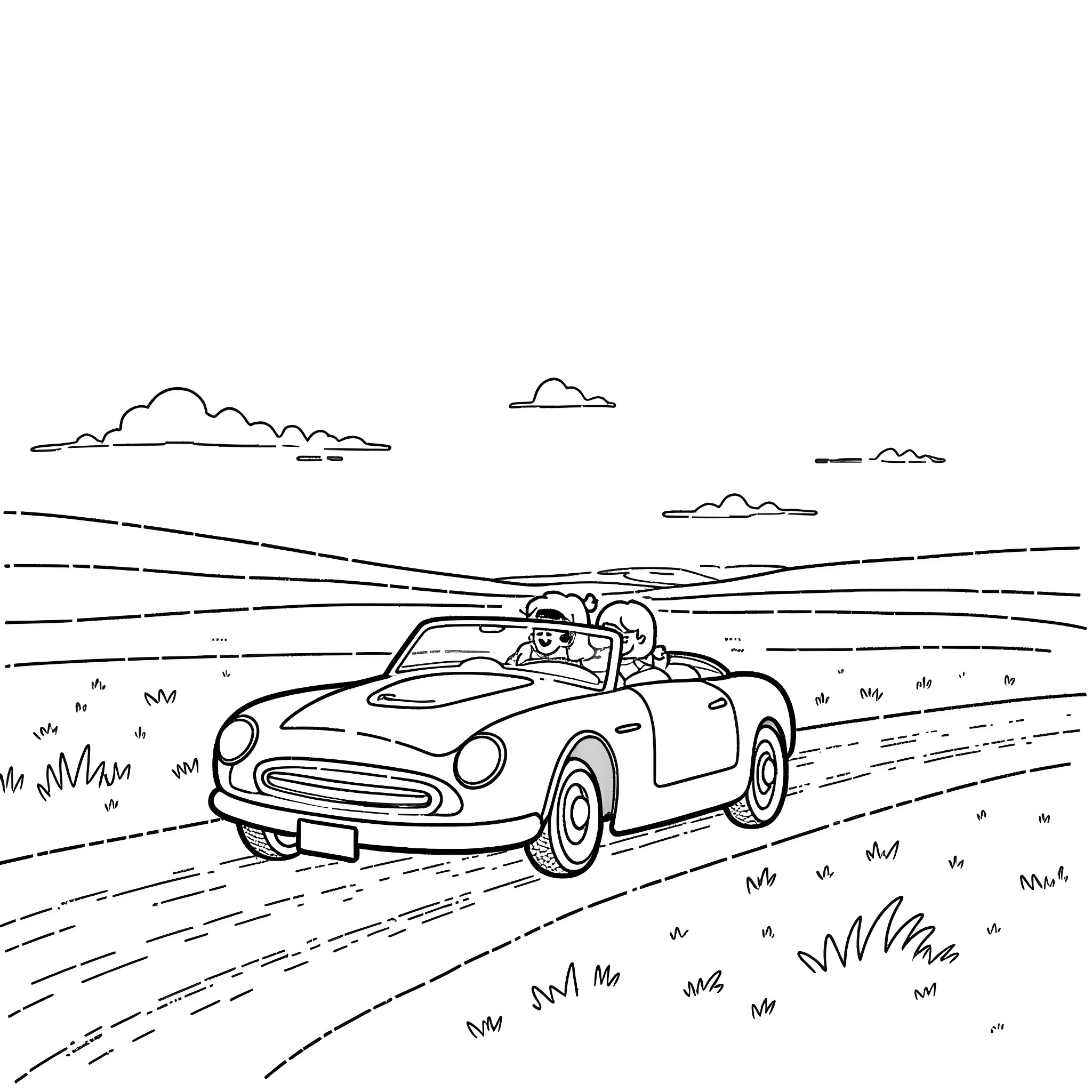 Character driving convertible car along a scenic road Coloring Page (free black-and-white line drawing printable PDF for all, from beginners to advanced learners, including children, teens, adults, and seniors)