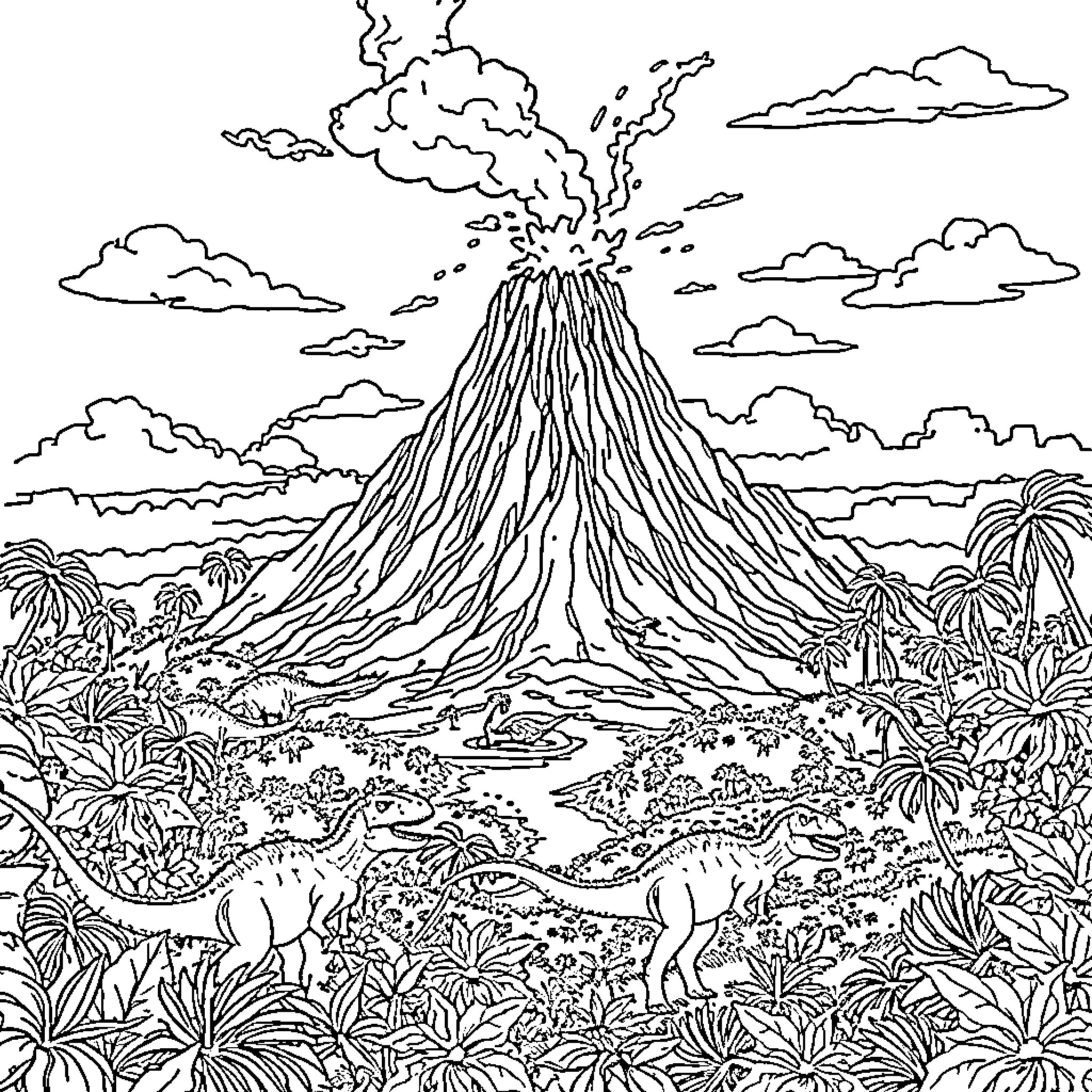 Dinosaur eruption in prehistoric landscape Coloring Page (free black-and-white line drawing printable PDF for all, from beginners to advanced learners, including children, teens, adults, and seniors)