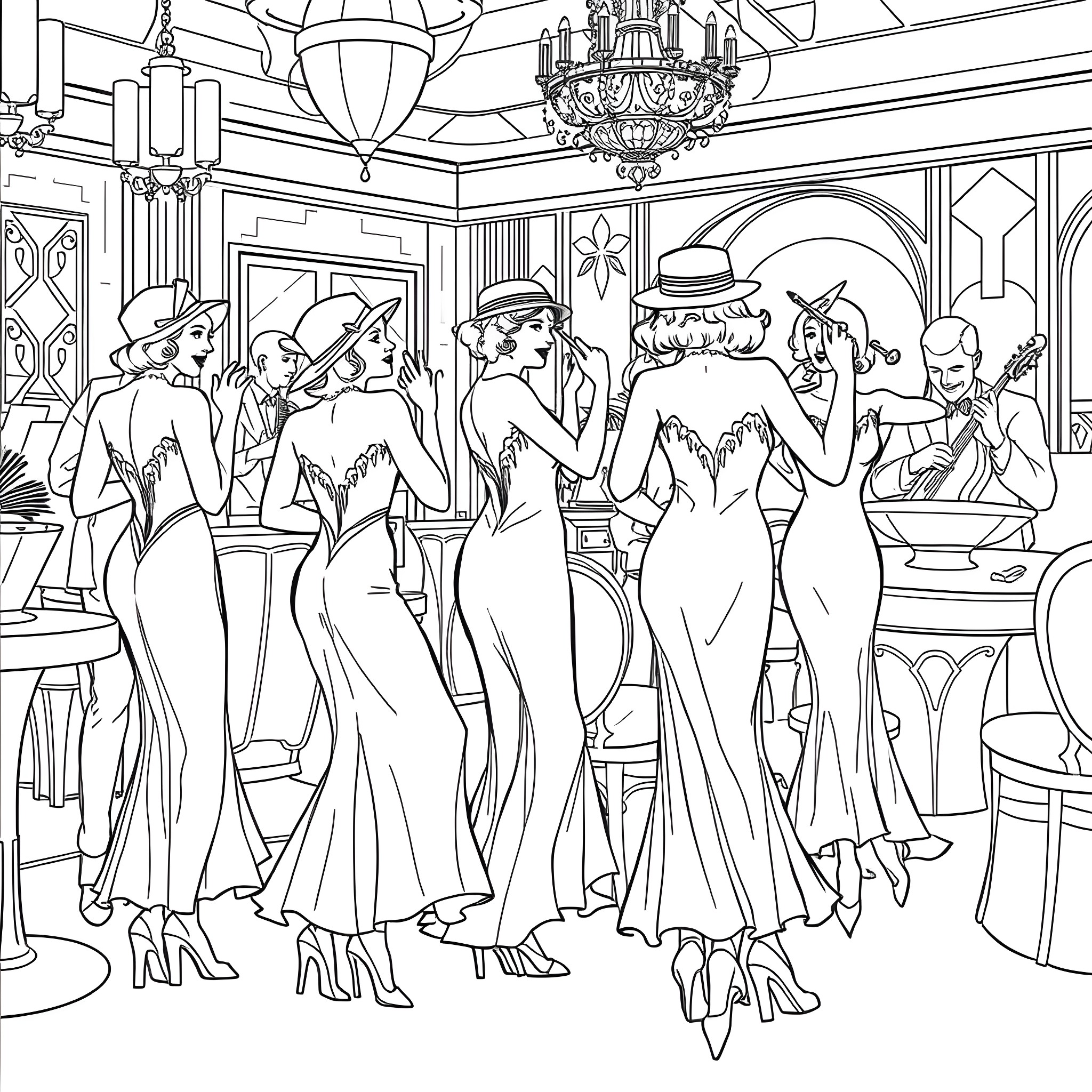 Flapper ladies dancing and socializing in a grand ballroom Coloring Page (free black-and-white line drawing printable PDF for all, from beginners to advanced learners, including children, teens, adults, and seniors)