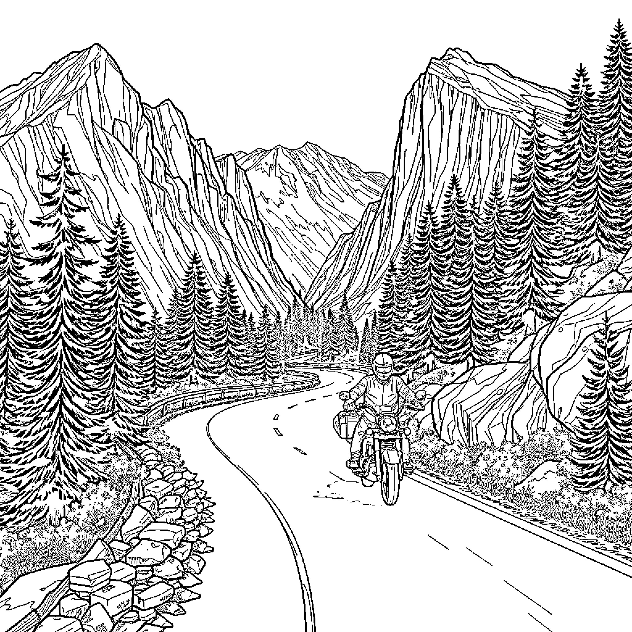 Motorcycle trip through majestic mountain landscape Coloring Page (free black-and-white line drawing printable PDF for all, from beginners to advanced learners, including children, teens, adults, and seniors)