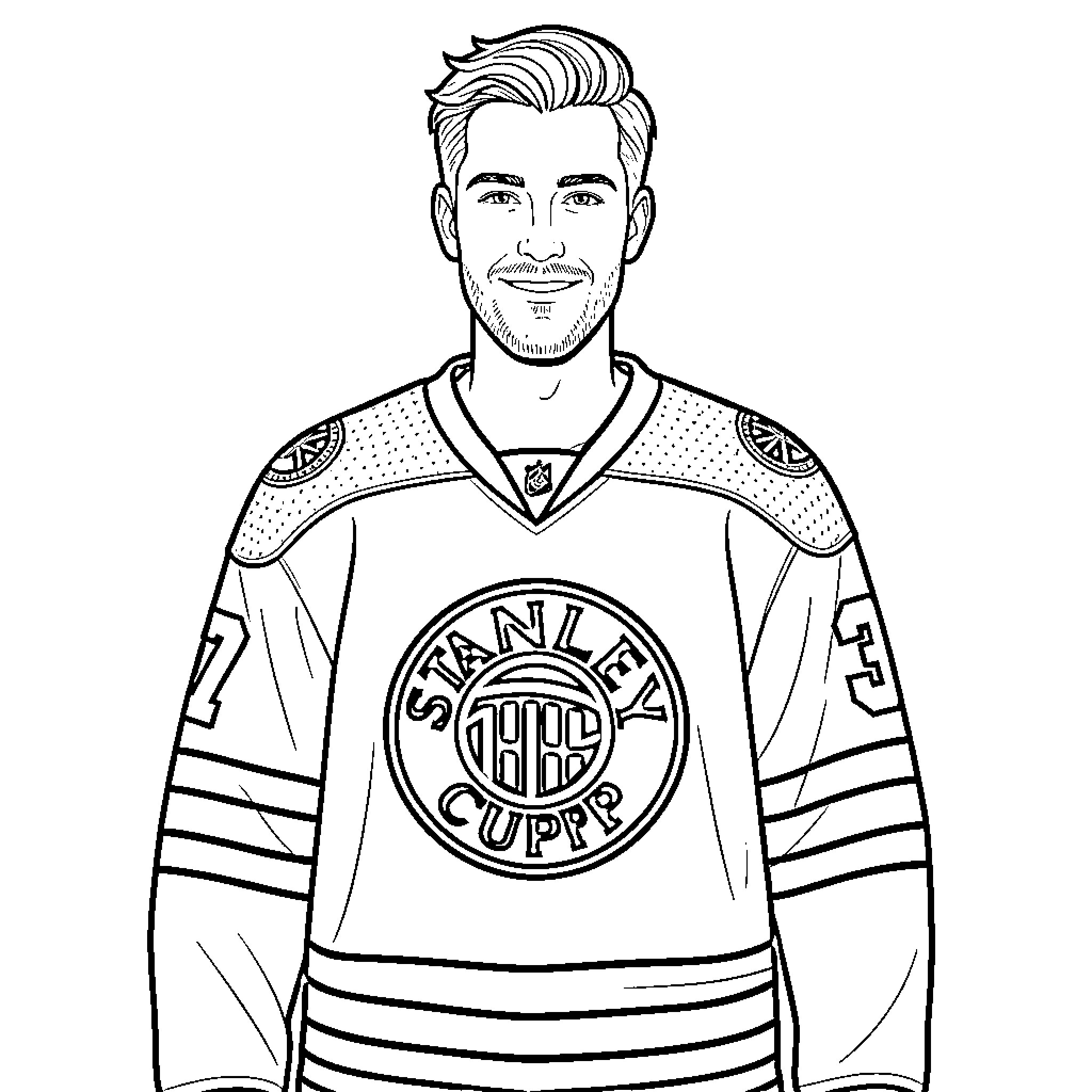 Stanley Cup player smiling in a hockey jersey Coloring Page (free black-and-white line drawing printable PDF for all, from beginners to advanced learners, including children, teens, adults, and seniors)