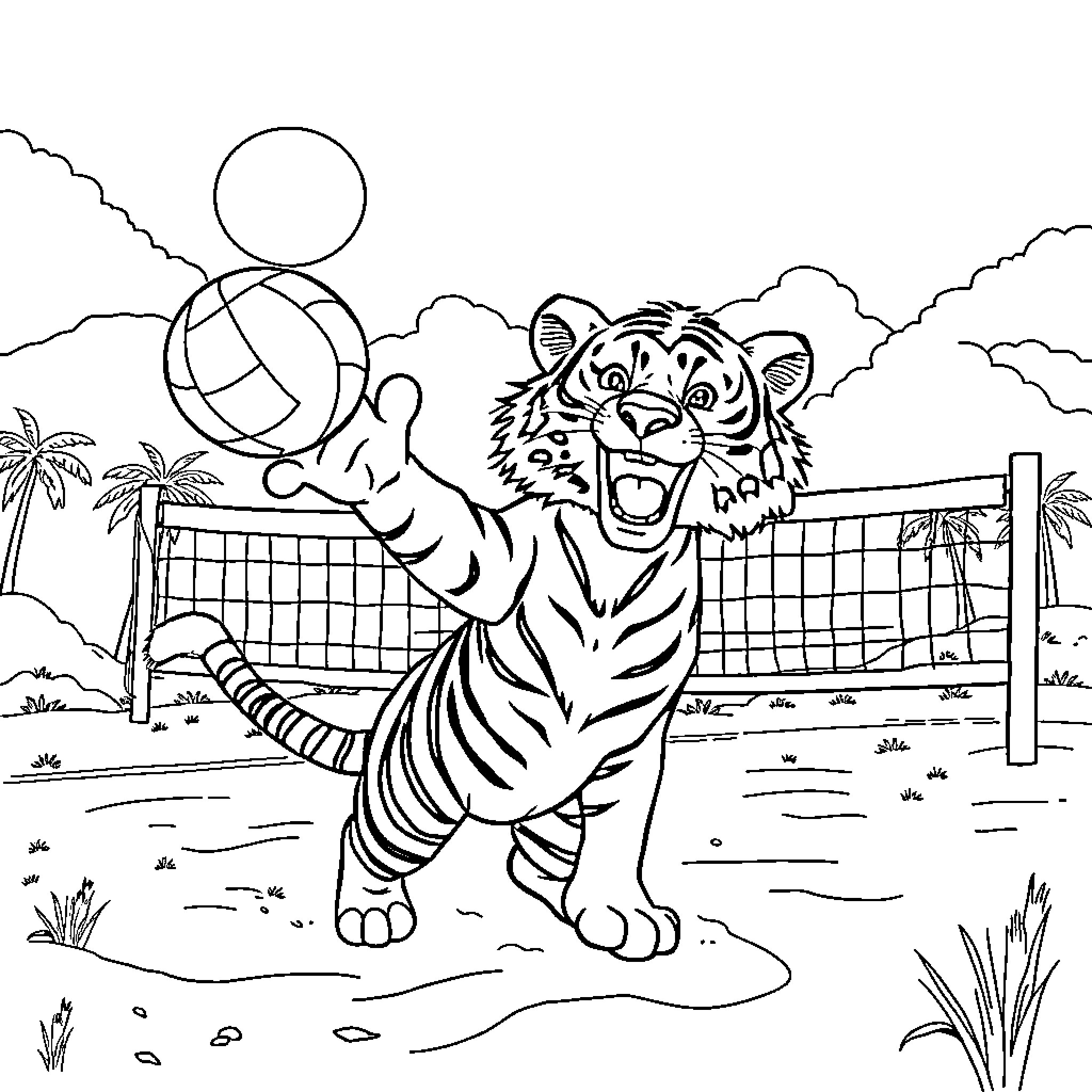 Tiger playing volleyball on the beach Coloring Page (free black-and-white line drawing printable PDF for all, from beginners to advanced learners, including children, teens, adults, and seniors)