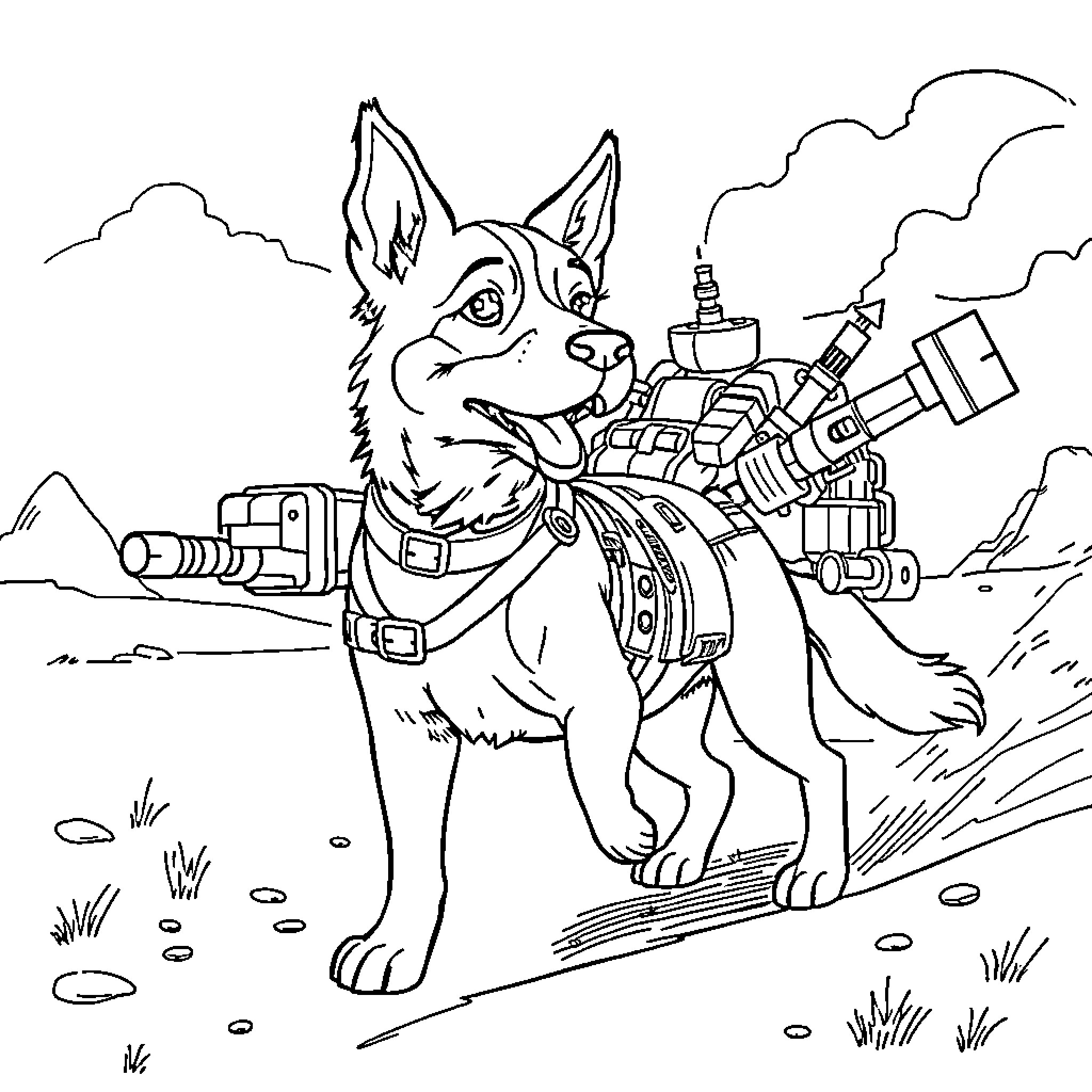 Patrulla Canina: Adventure Dog with Rescue Equipment Coloring Page (free black-and-white line drawing printable PDF for all, from beginners to advanced learners, including children, teens, adults, and seniors)