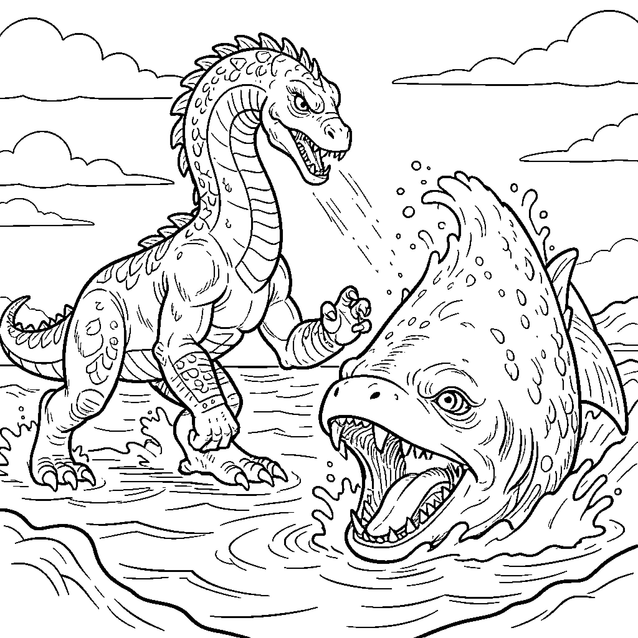 Titan dinosaur battling a giant fish in the ocean Coloring Page (free black-and-white line drawing printable PDF for all, from beginners to advanced learners, including children, teens, adults, and seniors)